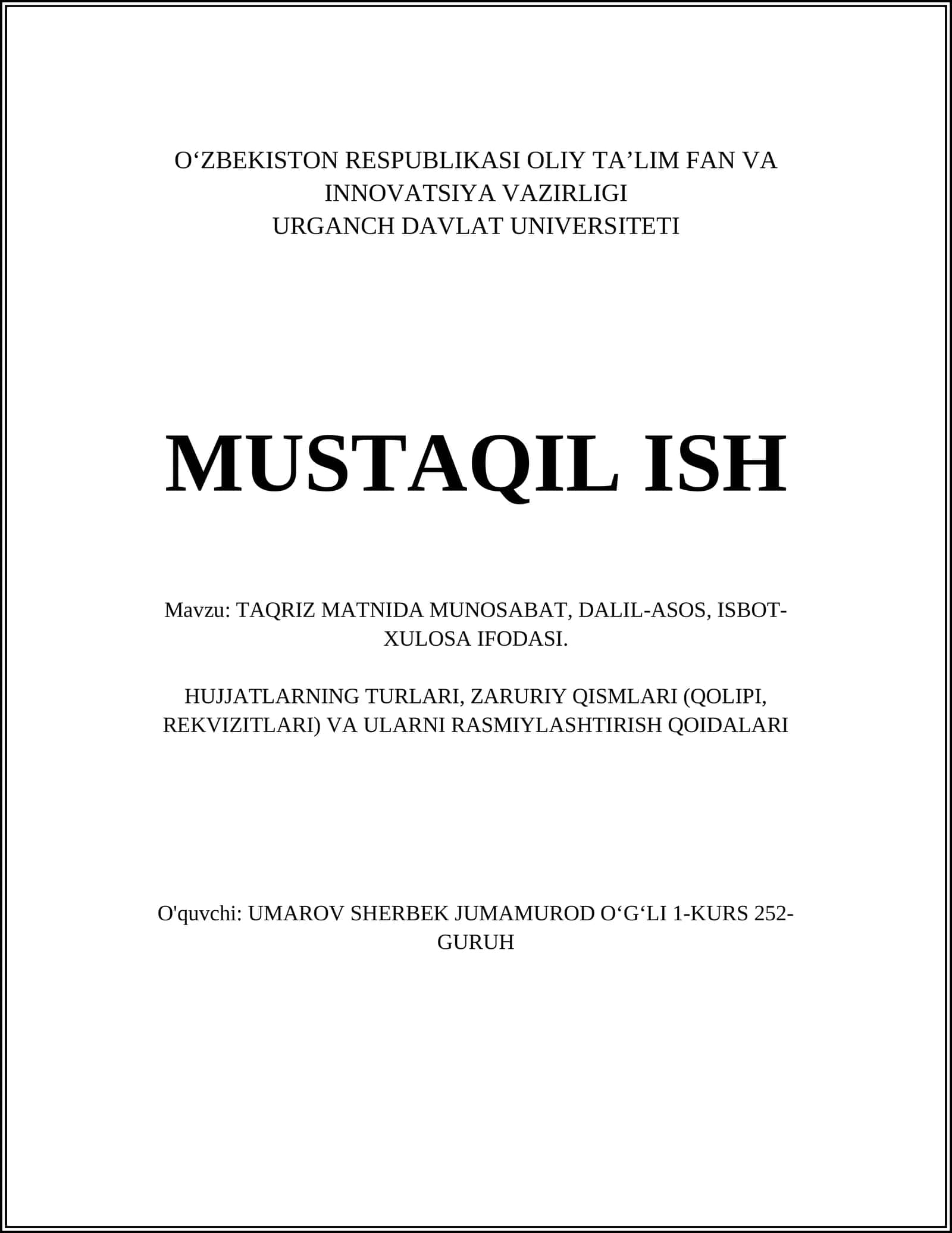 TAQRIZ MATNIDA MUNOSABAT, DALIL-ASOS, ISBOT-XULOSA IFODASI