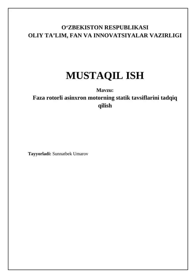 Faza rotorli asinxron motorning statik tavsiflarini tadqiq qilish