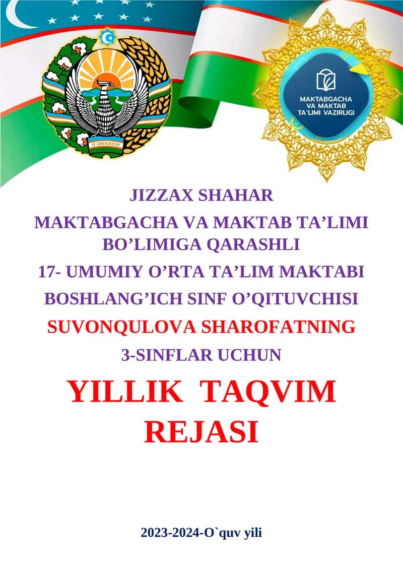 3-SINFLAR UCHUN YILLIK TAQVIM REJASI