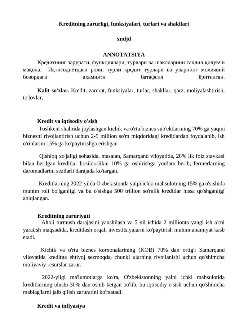 Kreditning zarurligi, funksiyalari, turlari va shakllari