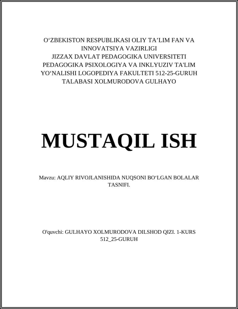 Aqliy Rivojlanishida Nuqsoni Bo‘lgan Bolalar Tasnifi