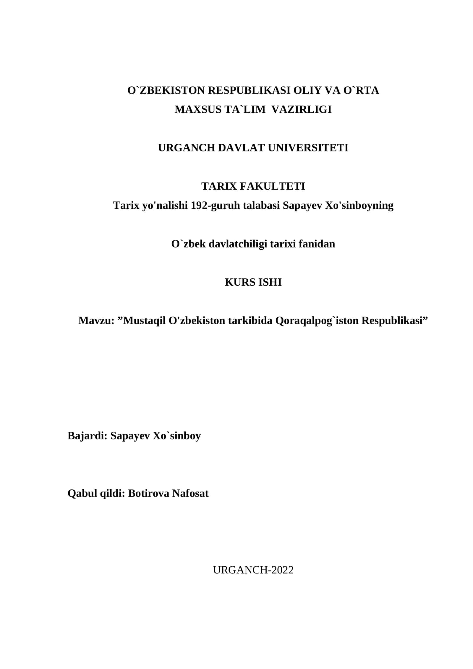 Mustaqil O'zbekiston tarkibida Qoraqalpog`iston Respublikasi