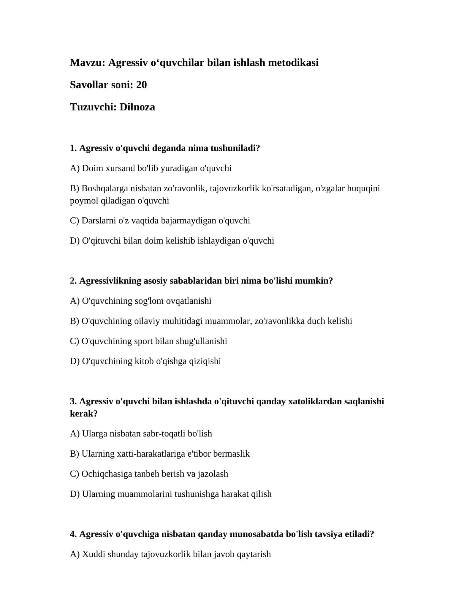 Agressiv oʻquvchilar bilan ishlash metodikasi