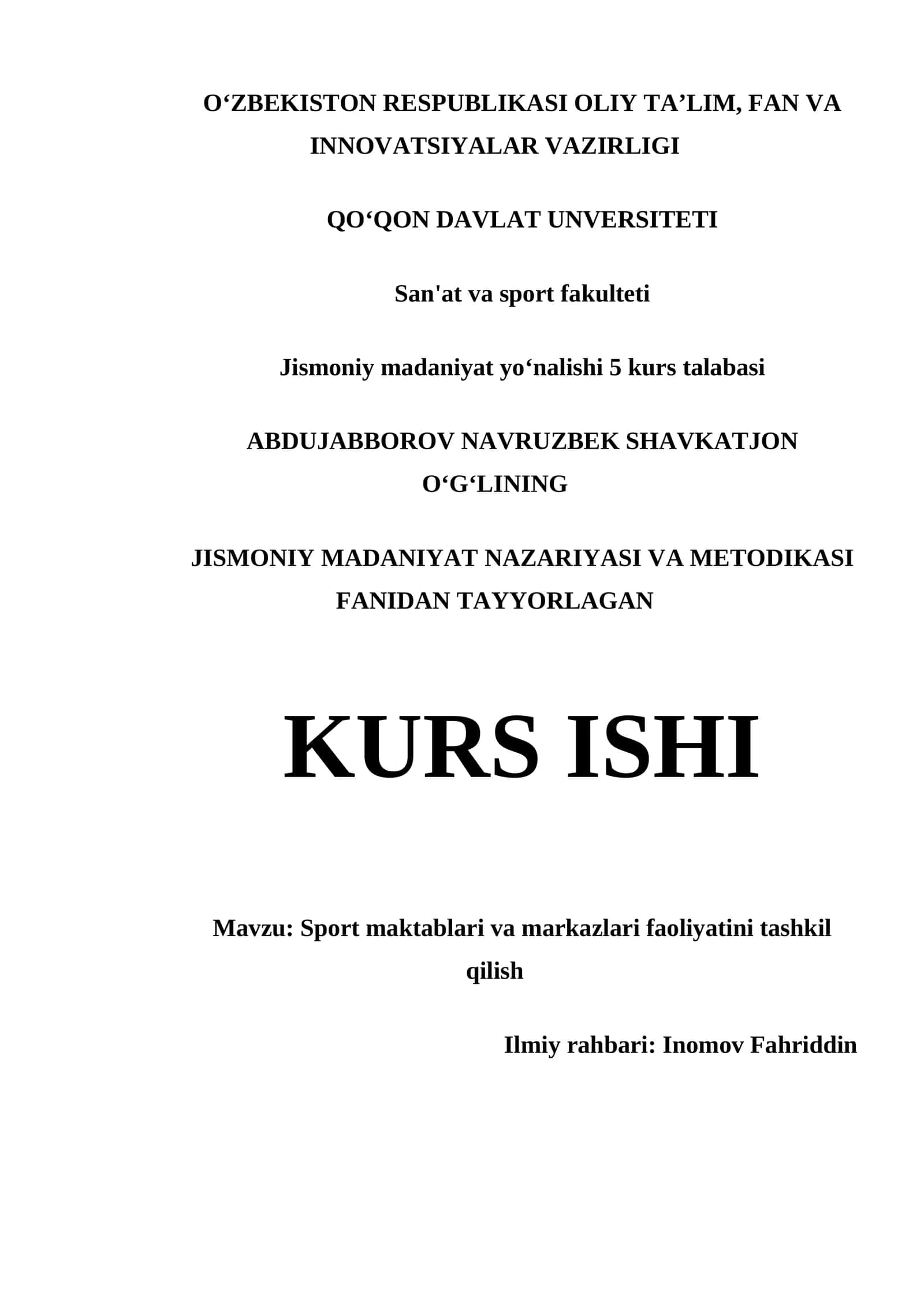 JISMONIY MADANIYAT NAZARIYASI VA METODIKASI FANIDAN TAYYORLAGAN KURS ISHI