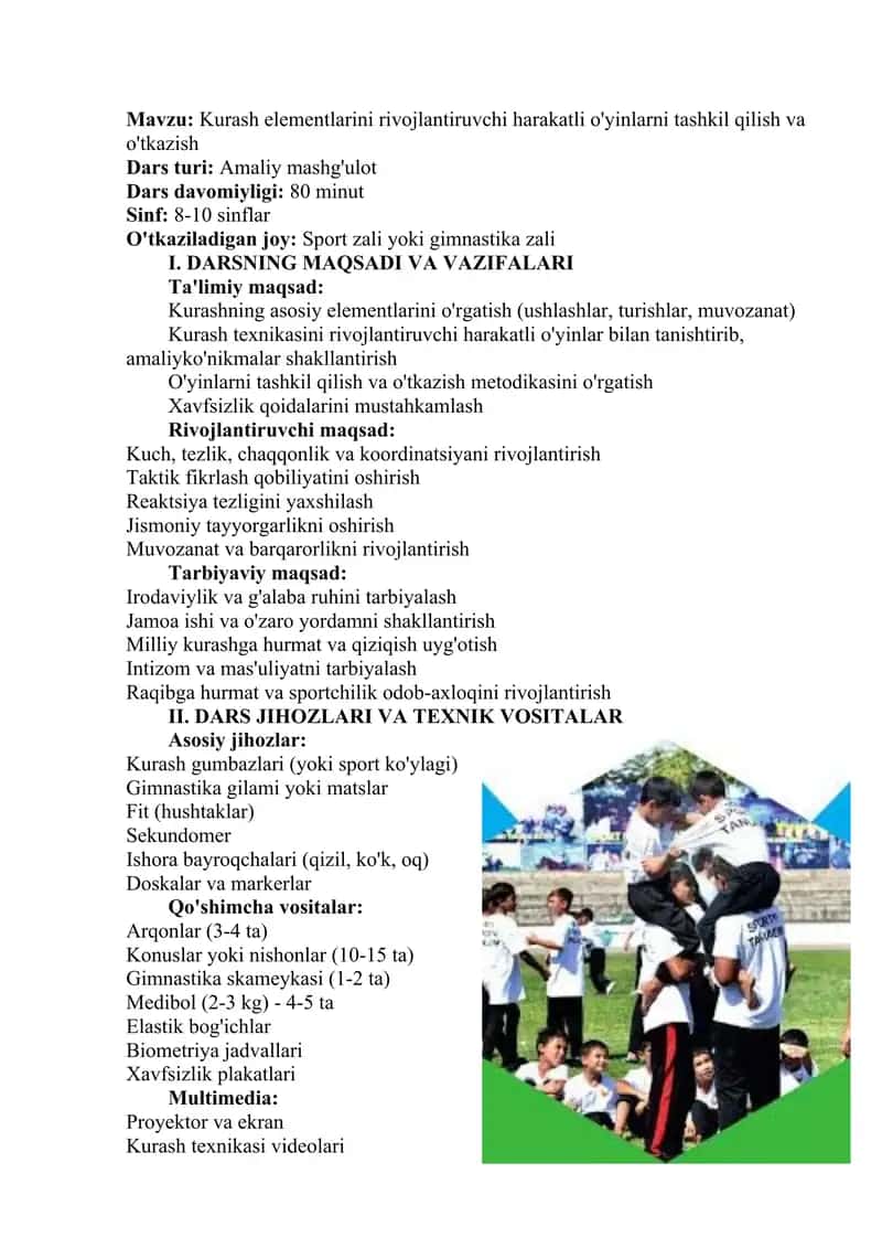 Kurash elementlarini rivojlantiruvchi harakatli o'yinlarni tashkil qilish va o'tkazish