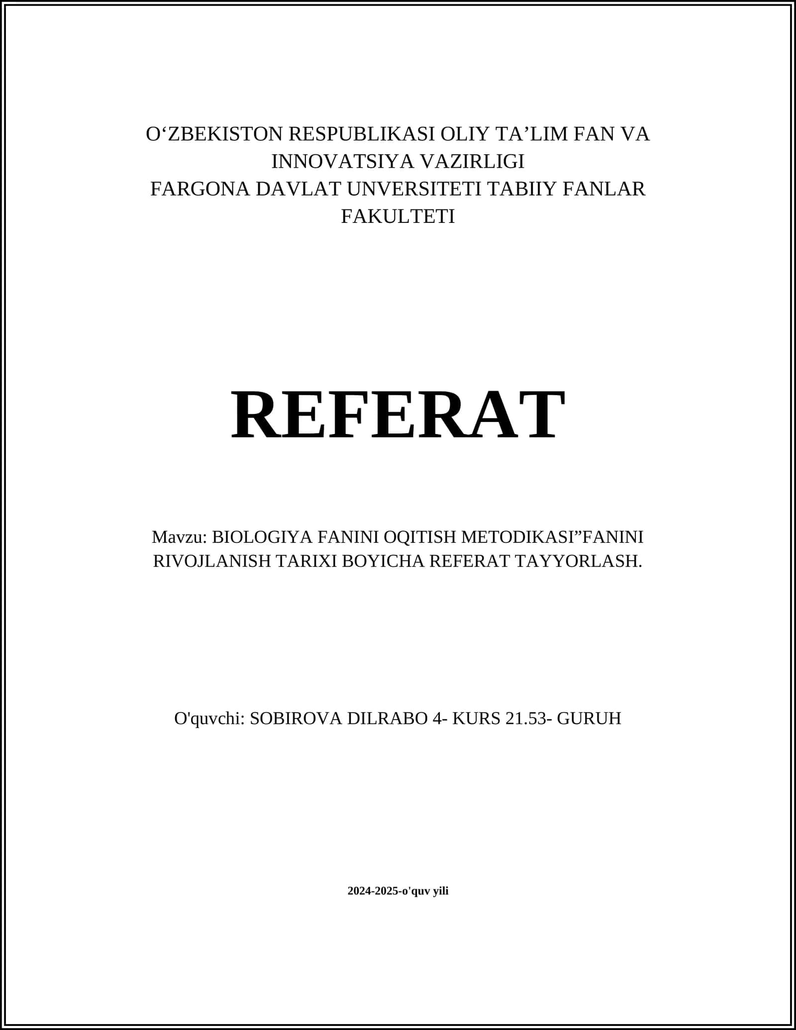 Biologiya Fanini O'qitish Metodikasi