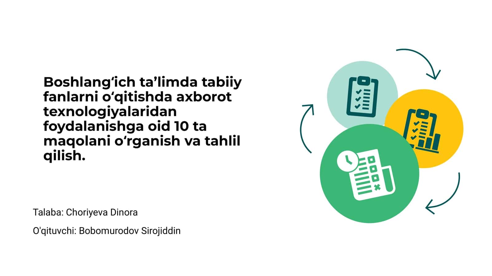 Boshlang‘ich ta’limda tabiiy fanlarni o‘qitishda axborot texnologiyalaridan foydalanishga oid 10 ta maqolani o‘rganish va tahlil qilish