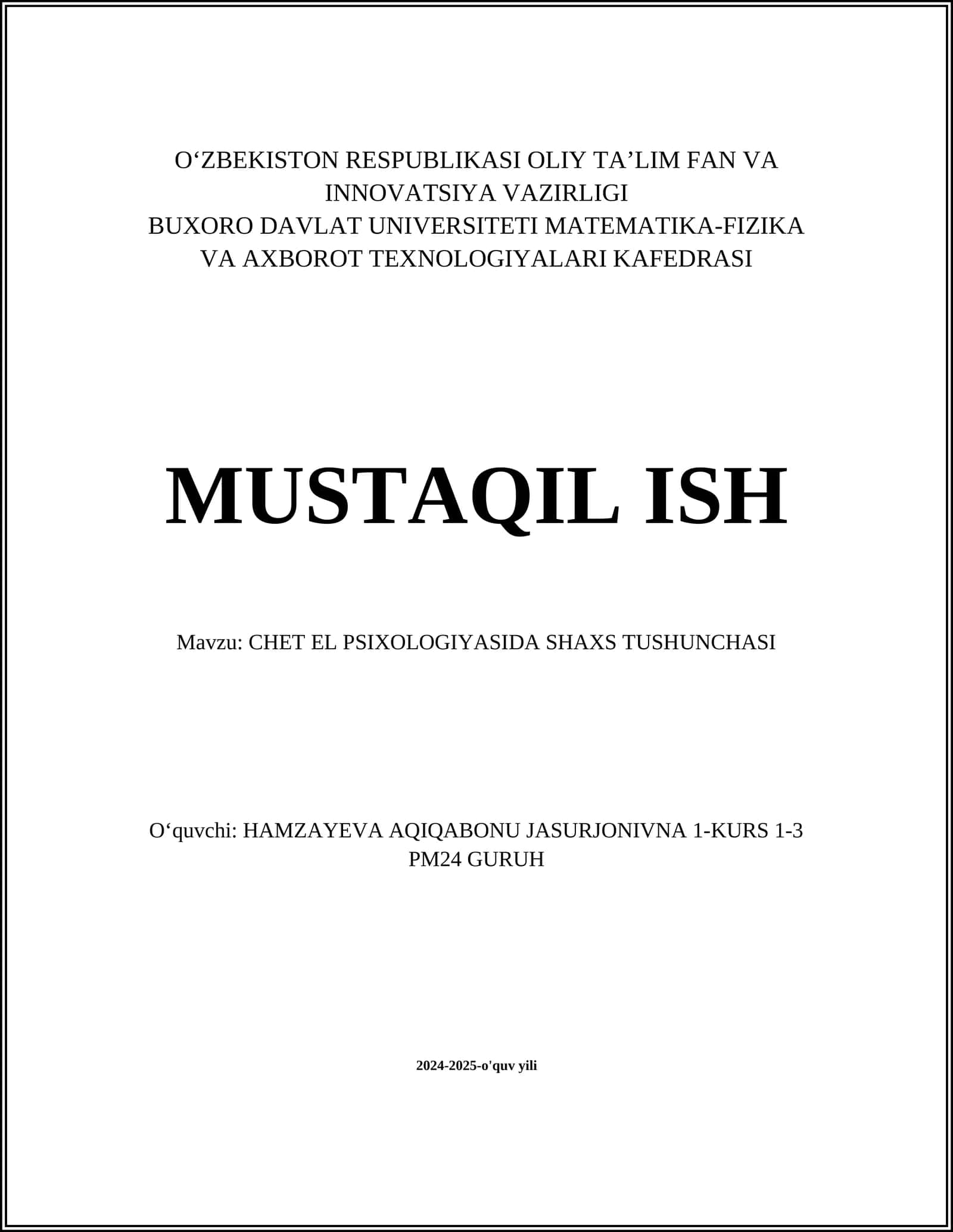 CHET EL PSIXOLOGIYASIDA SHAXS TUSHUNCHASI