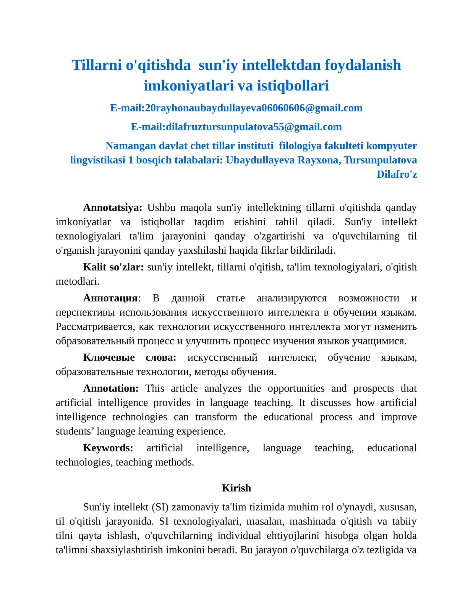 Tillarni o'qitishda sun'iy intellektdan foydalanish imkoniyatlari va istiqbollari