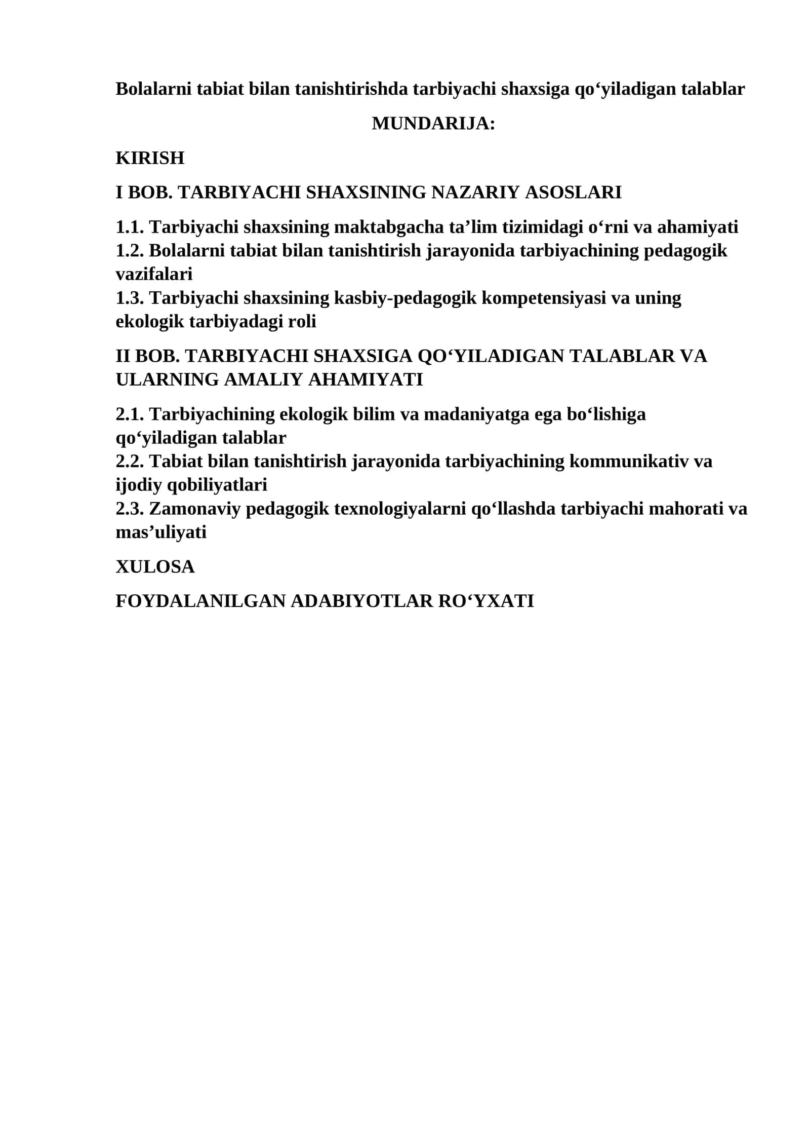 Bolalarni tabiat bilan tanishtirishda tarbiyachi shaxsiga qo‘yiladigan talablar