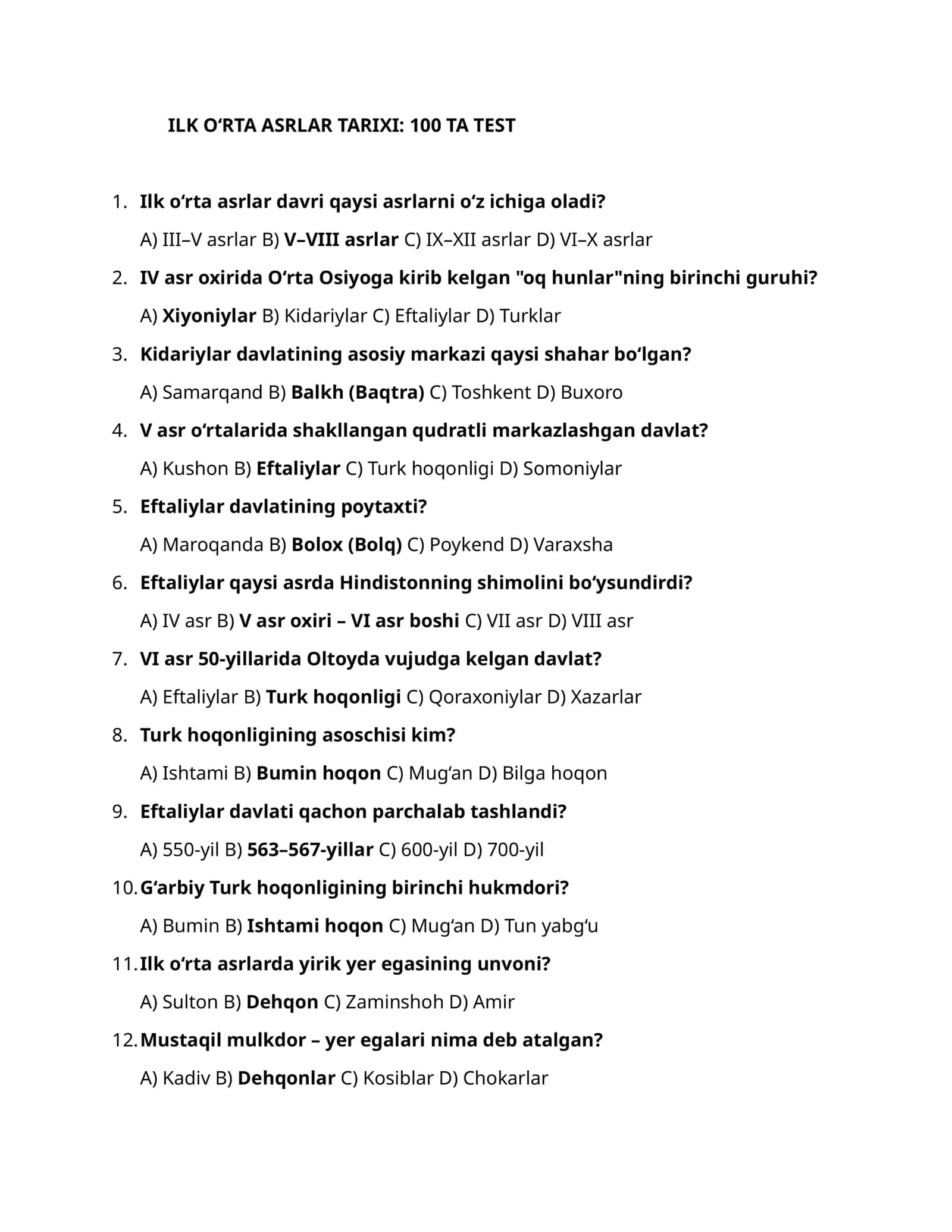 ILK O‘RTA ASRLAR TARIXI: 100 TA TEST