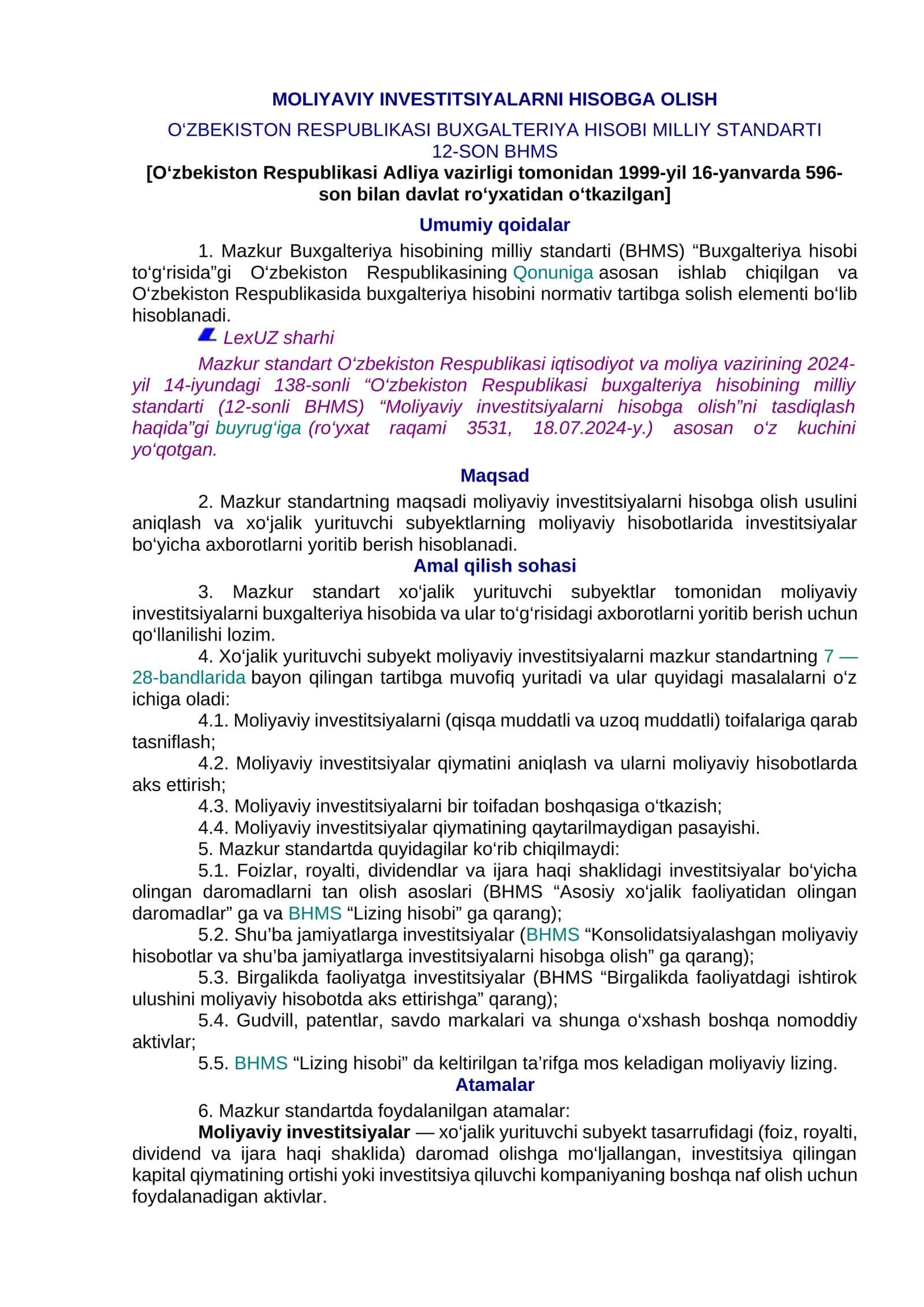 Moliyaviy investitsiyalarni hisobga olish