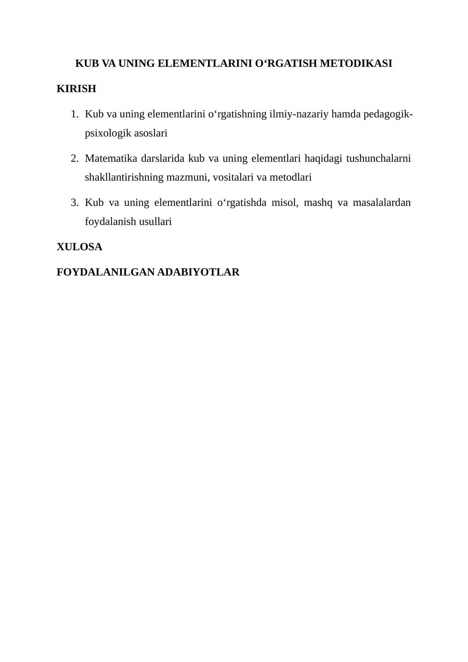 Kub va uning elementlarini o‘rgatish metodikasi
