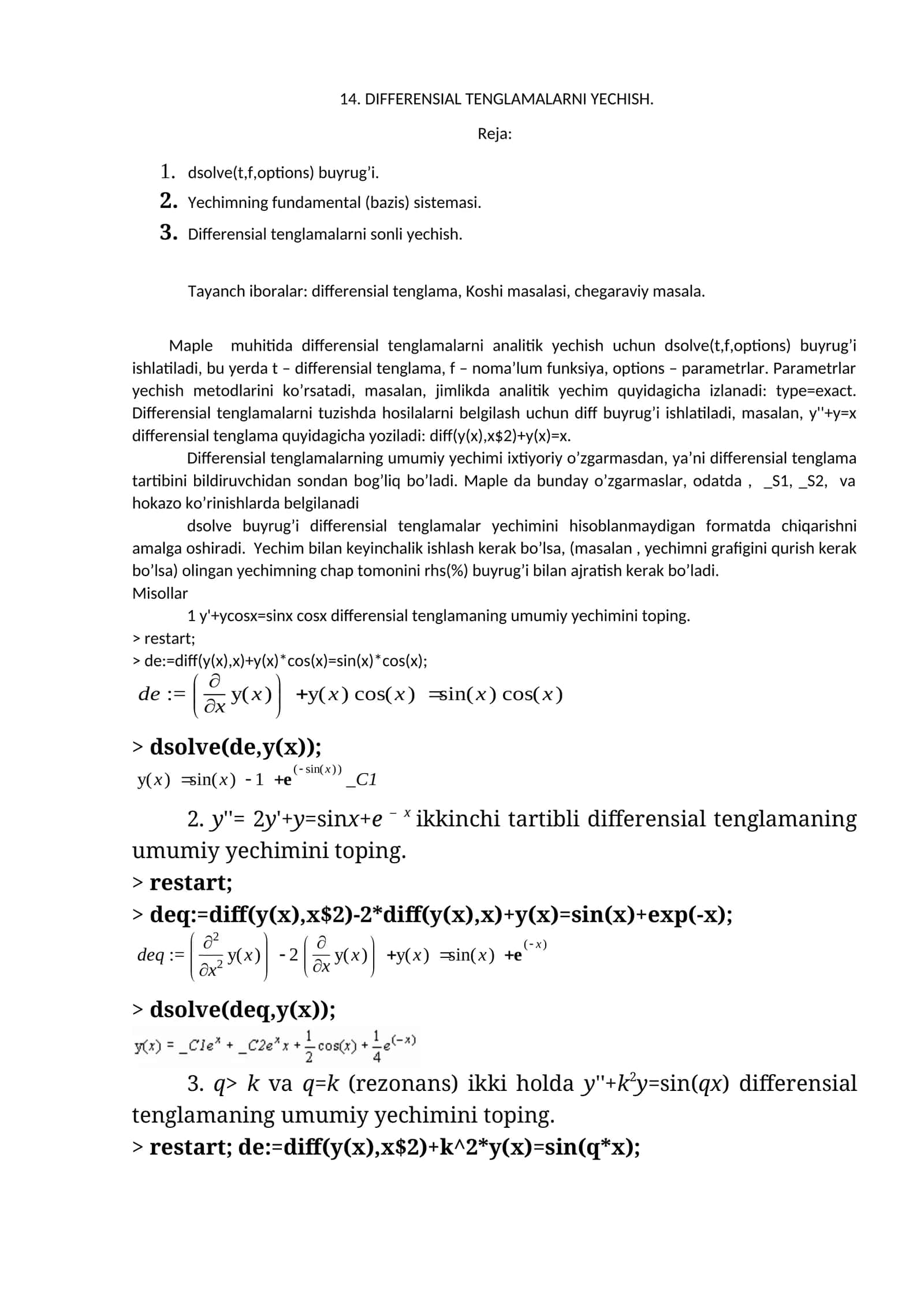 DIFFERENSIAL TENGLAMALARNI YECHISH