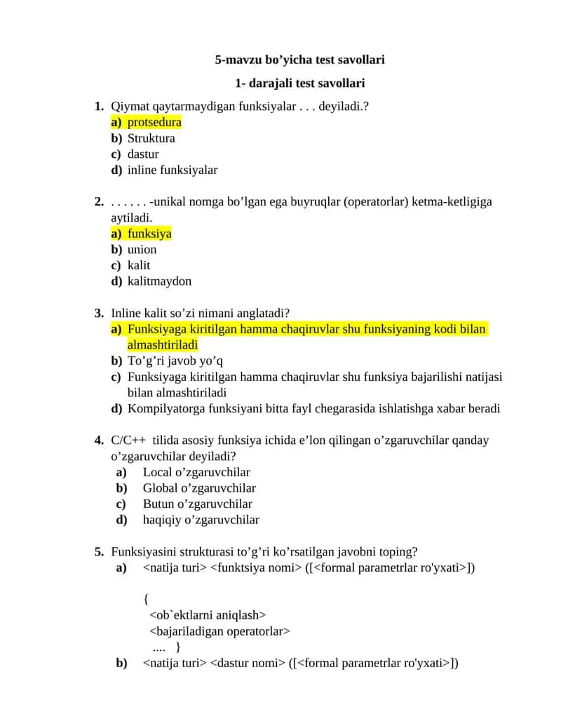 5-mavzu bo’yicha test savollari