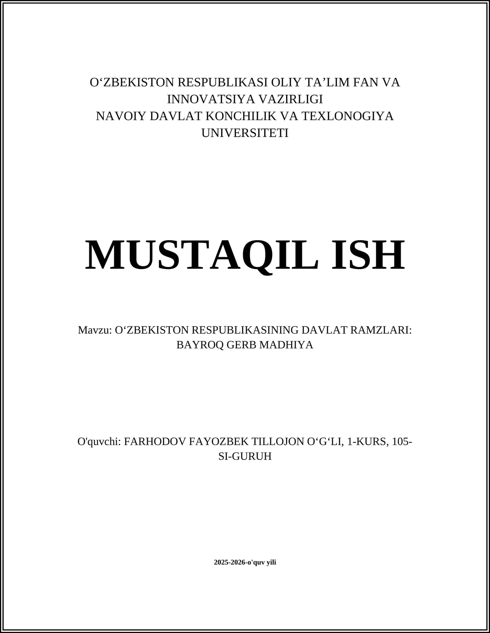O‘ZBEKISTON RESPUBLIKASINING DAVLAT RAMZLARI: BAYROQ GERB MADHIYA