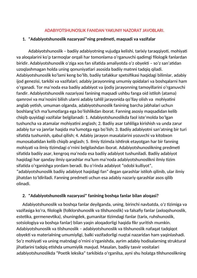 ADABIYOTSHUNOSLIK FANIDAN YAKUNIY NAZORAT JAVOBLARI