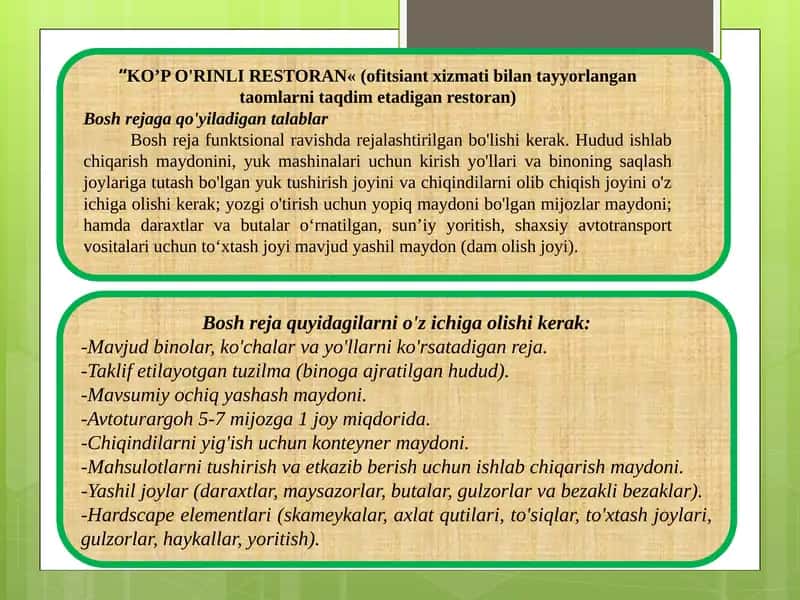 Ko'p o'rinli restoran bosh reja talablari