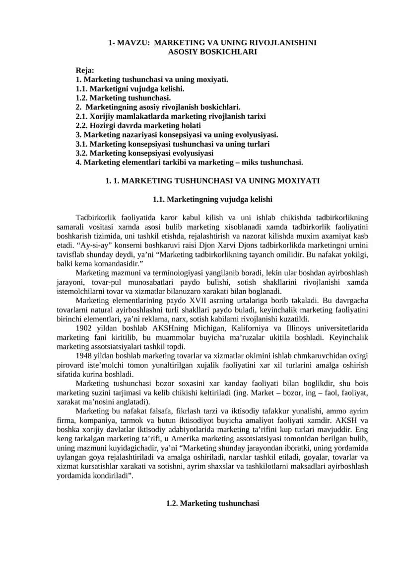 MARKETING VA UNING RIVOJLANISHINI ASOSIY BOSKICHLARI