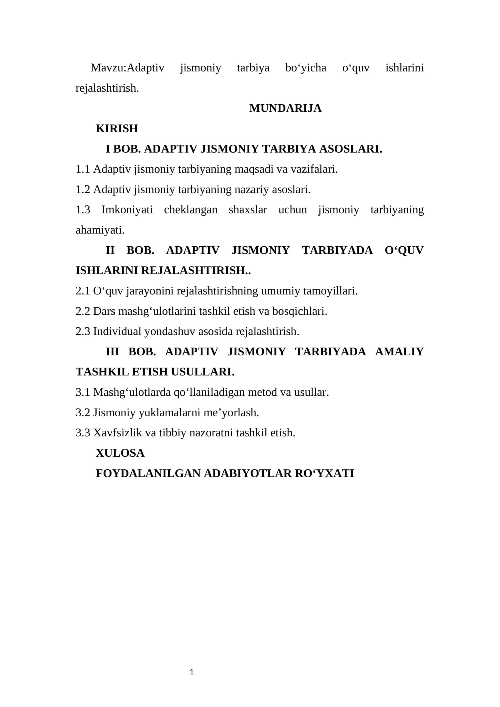 Adaptiv jismoniy tarbiya bo‘yicha o‘quv ishlarini rejalashtirish