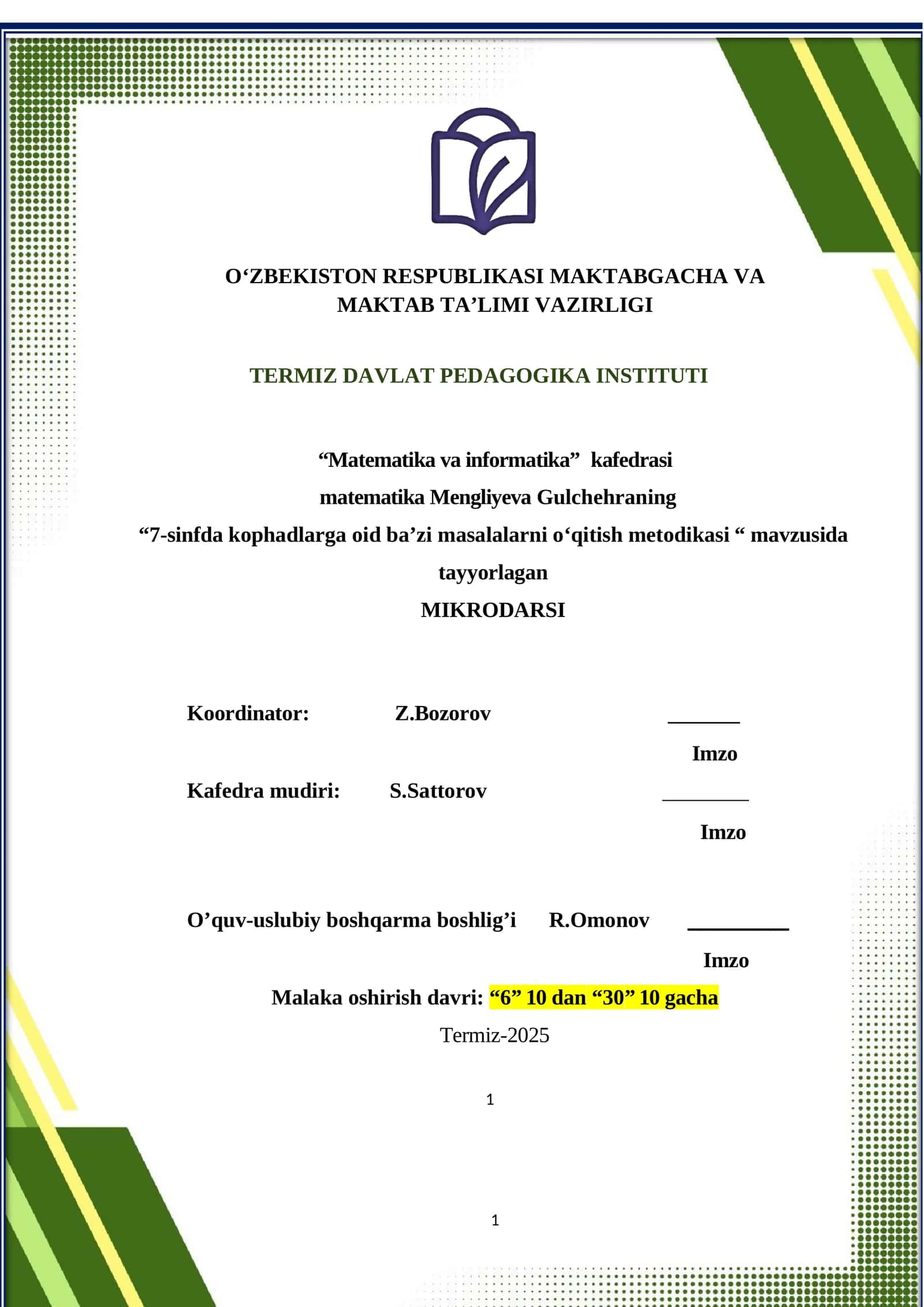"7-sinfda kophadlarga oid ba’zi masalalarni o‘qitish metodikasi"