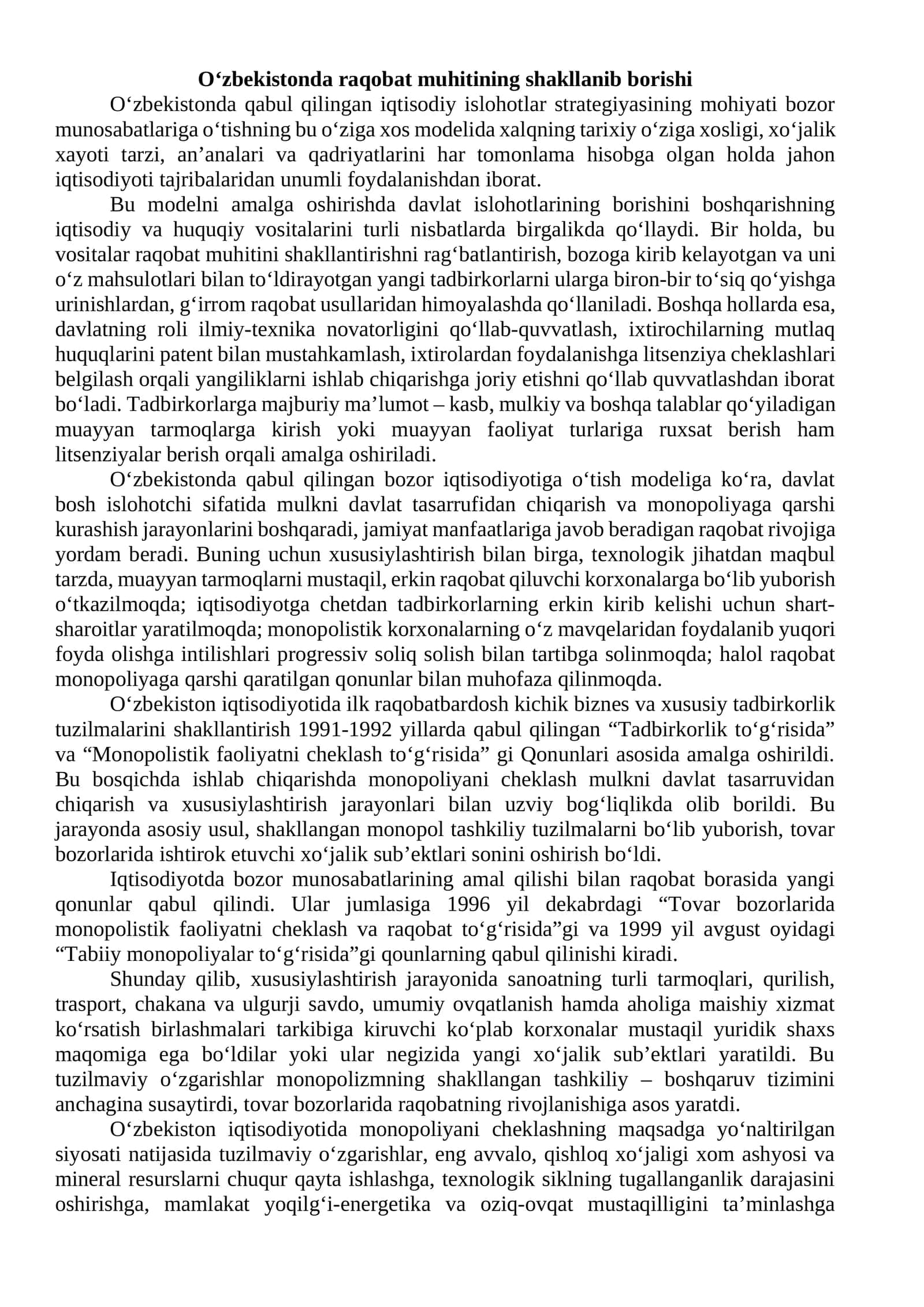 O‘zbekistonda raqobat muhitining shakllanib borishi