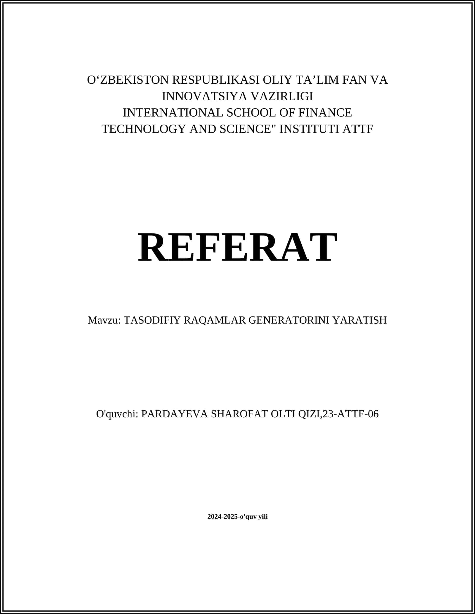 TASODIFIY RAQAMLAR GENERATORINI YARATISH