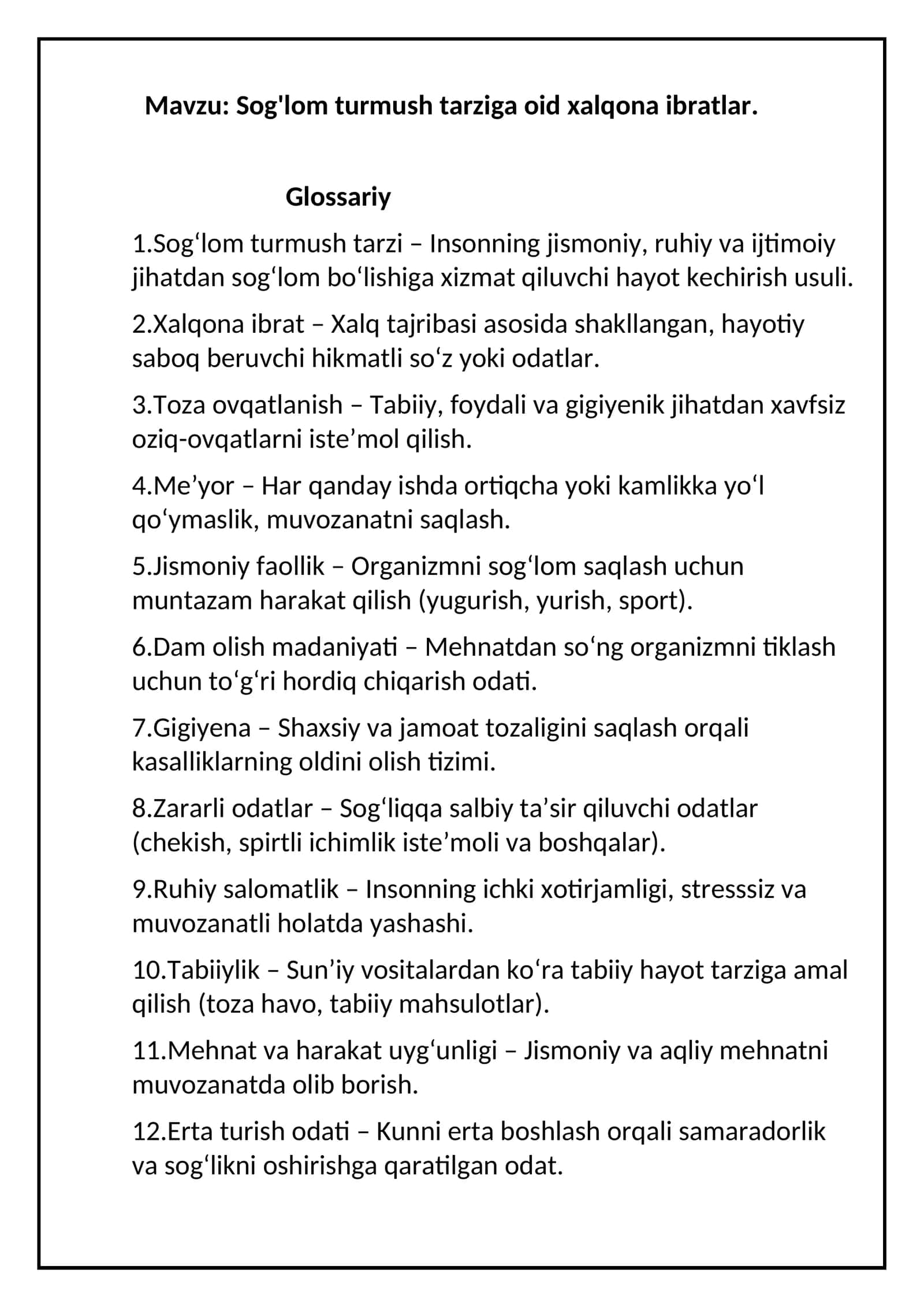 Sog'lom turmush tarziga oid xalqona ibratlar
