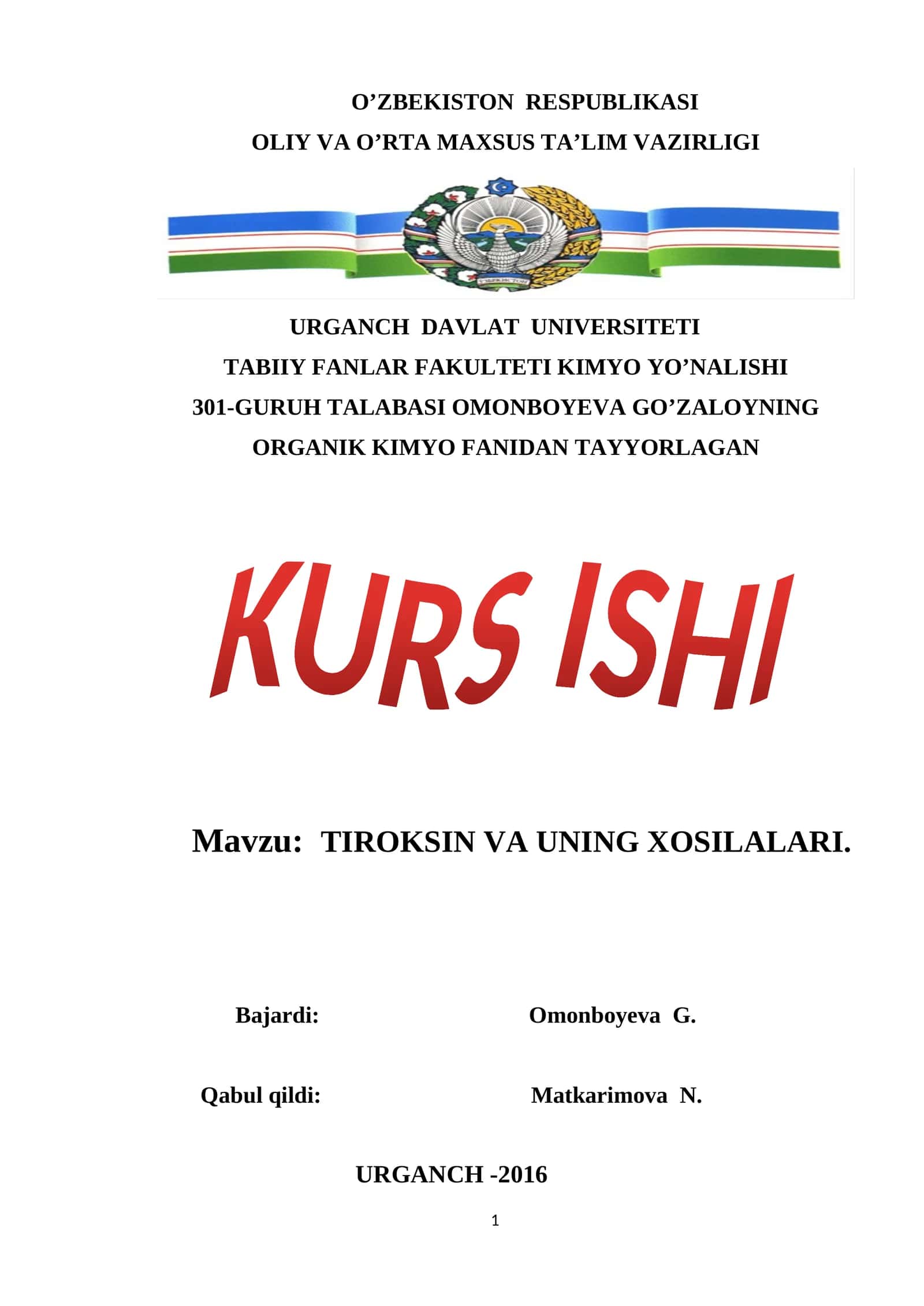 TIROKSIN VA UNING HOSILALARI