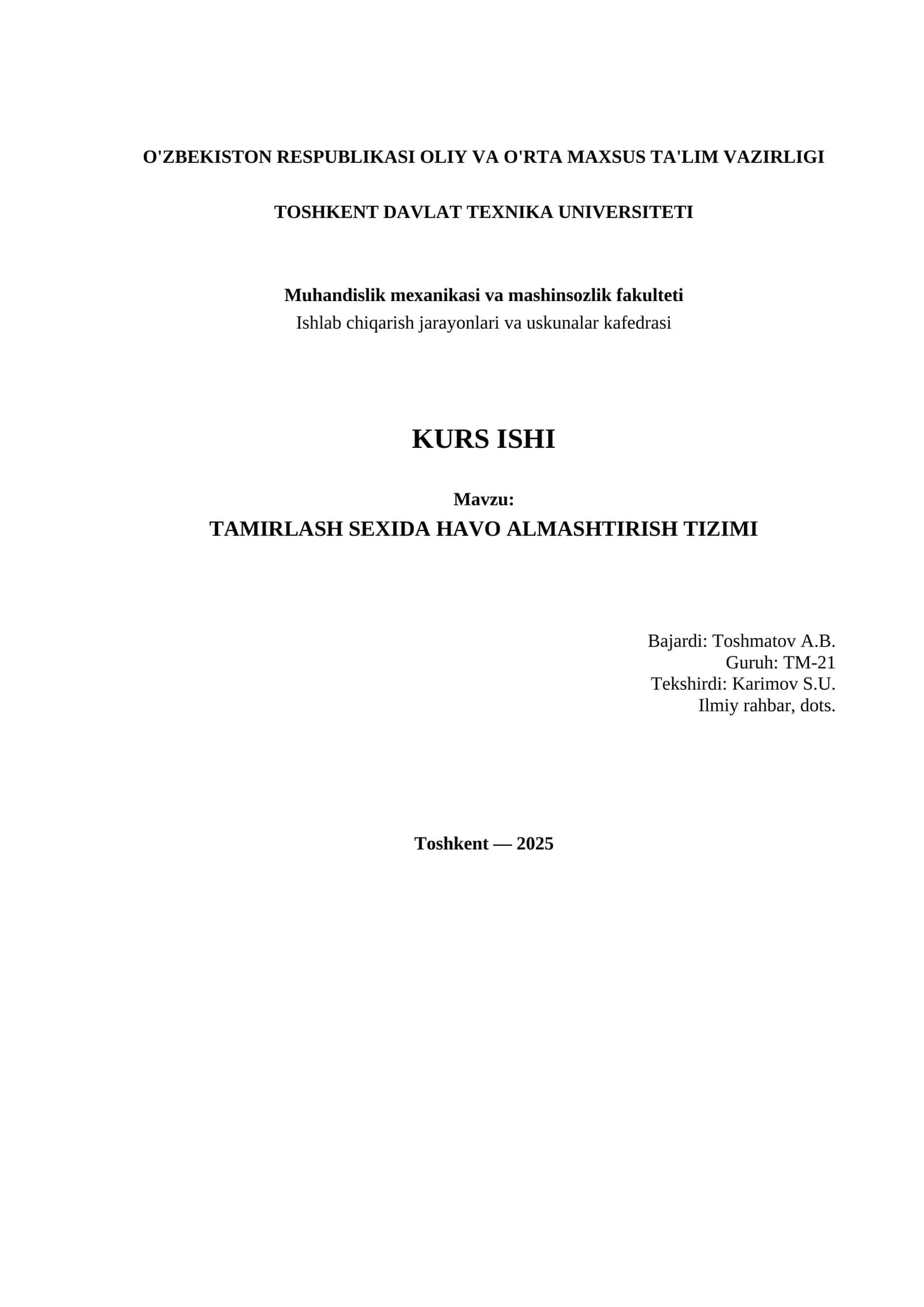 TAMIRLASH SEXIDA HAVO ALMASHTIRISH TIZIMI