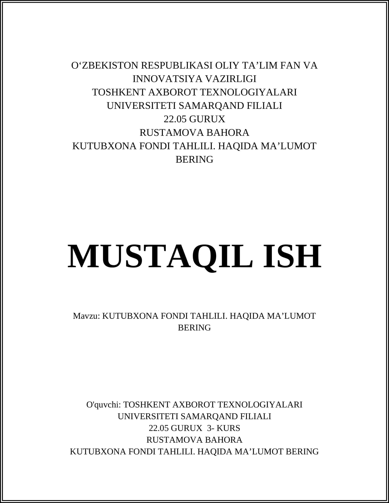 KUTUBXONA FONDI TAHLILI