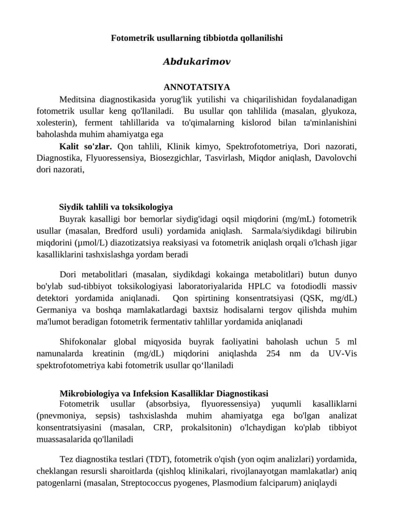 Fotometrik usullarning tibbiotda qollanilishi