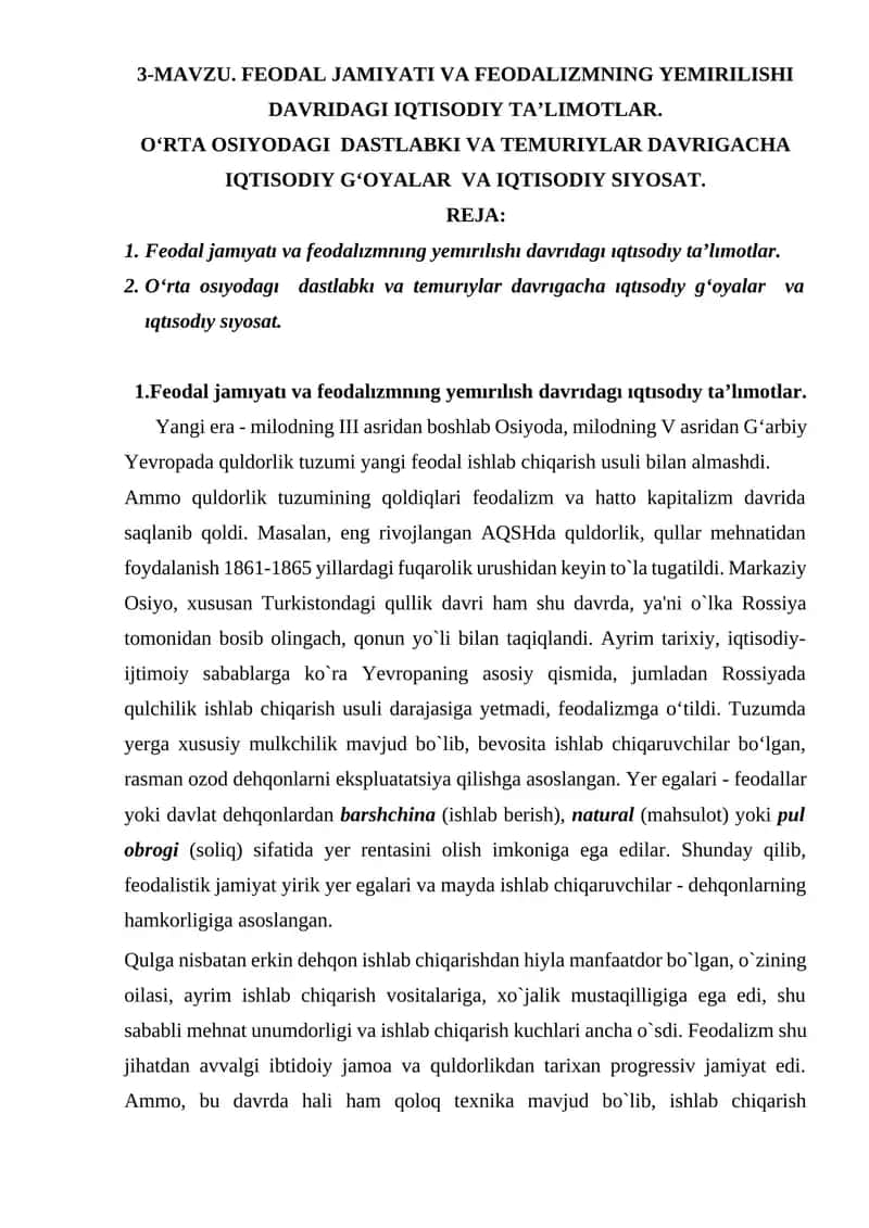 Feodalizmning Yemirilishi Davridagi Iqtisodiy Ta’limotlar