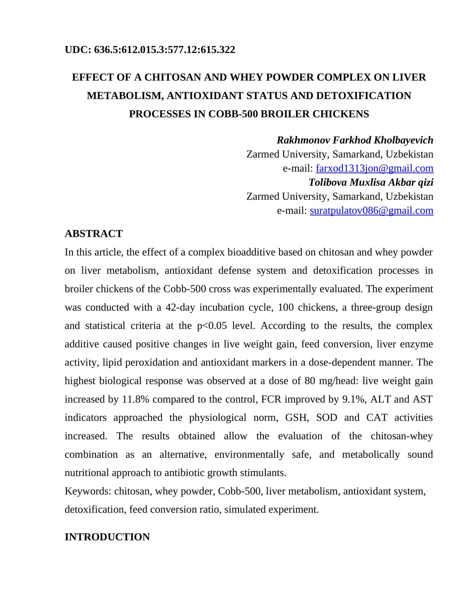 EFFECT OF A CHITOSAN AND WHEY POWDER COMPLEX ON LIVER METABOLISM, ANTIOXIDANT STATUS AND DETOXIFICATION PROCESSES IN COBB-500 BROILER CHICKENS