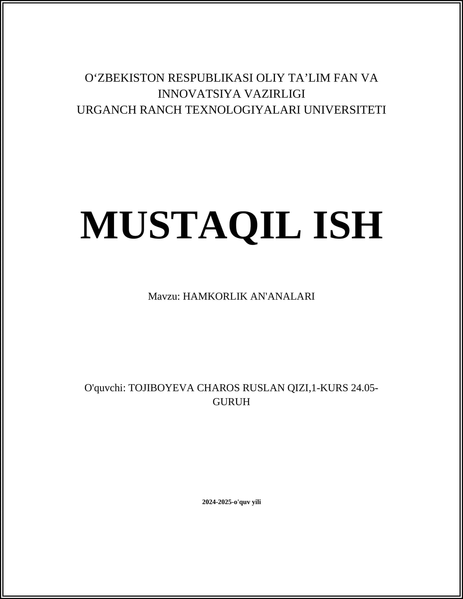 HAMKORLIK AN'ANALARI
