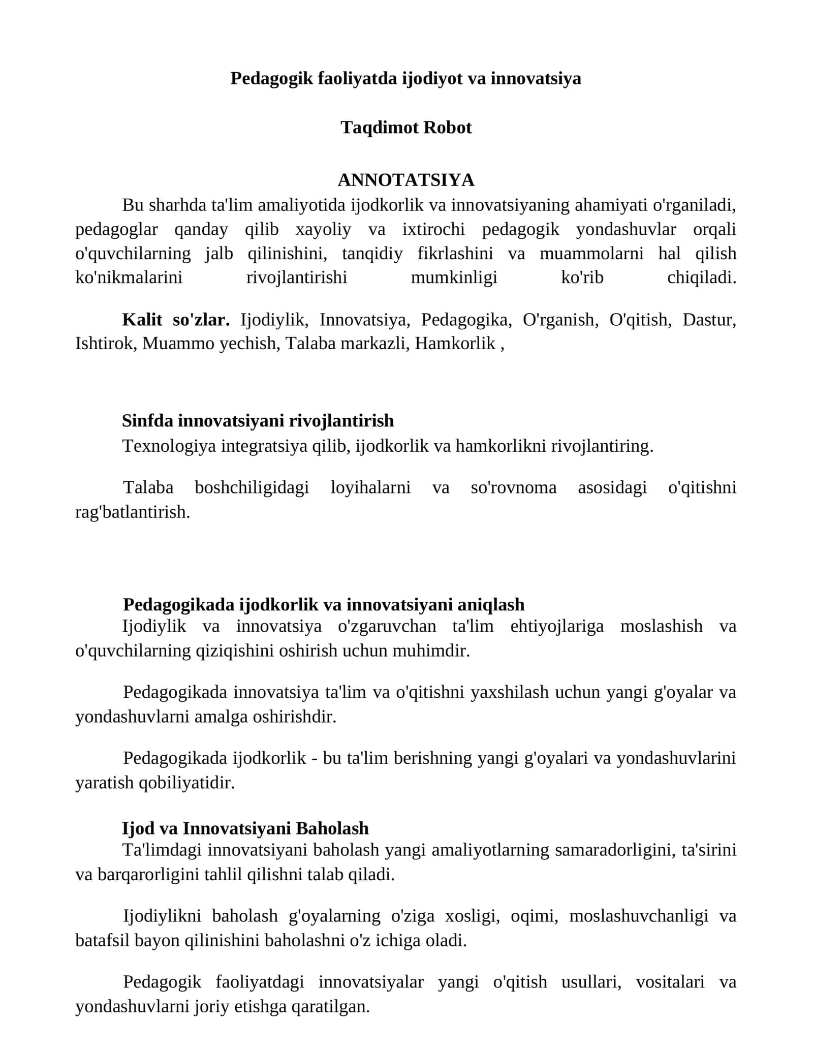 Pedagogik faoliyatda ijodiyot va innovatsiya