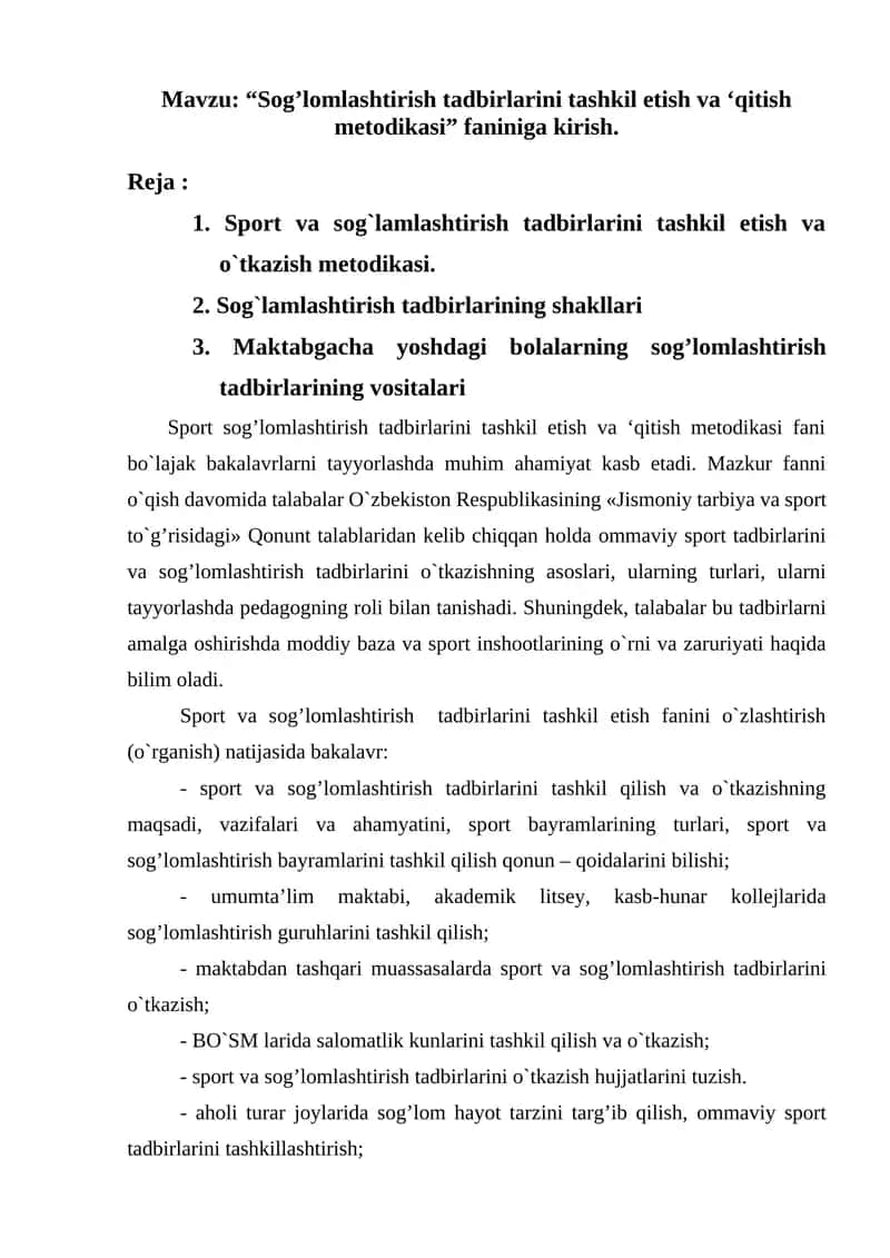 Spоrt va sоg`lamlashtirish tadbirlarini tashkil etish va o`tkazish mеtоdikasi