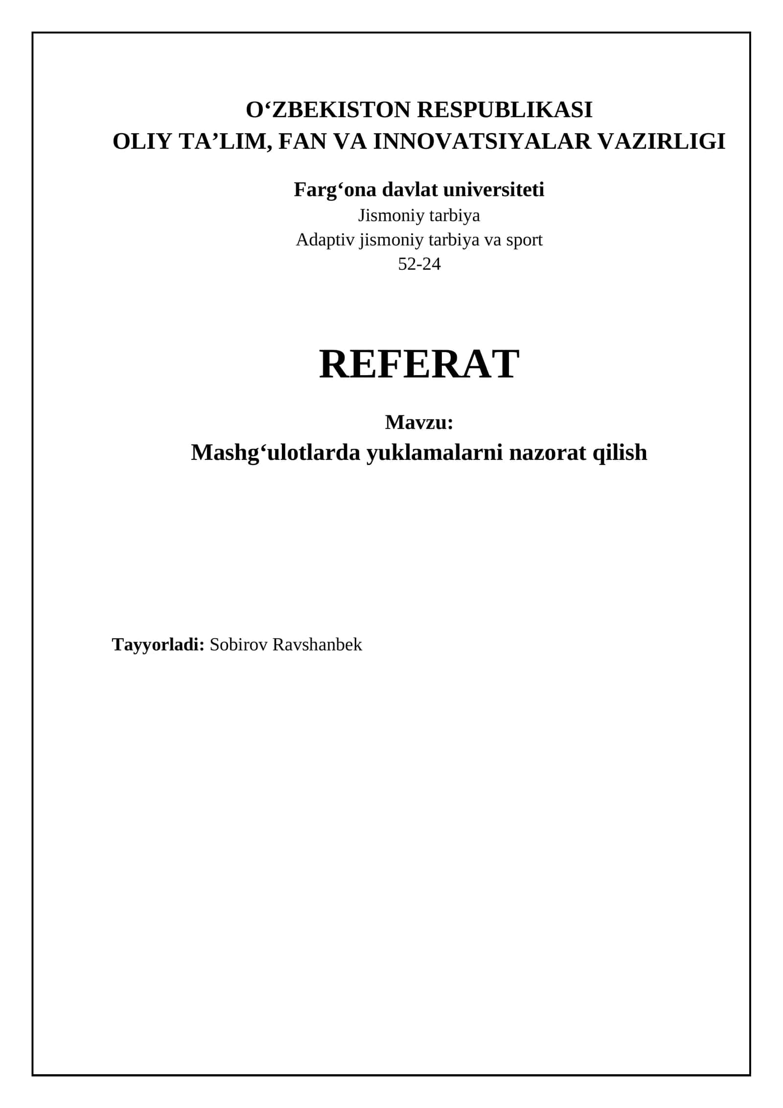 REFERAT: Mashgʻulotlarda yuklamalarni nazorat qilish