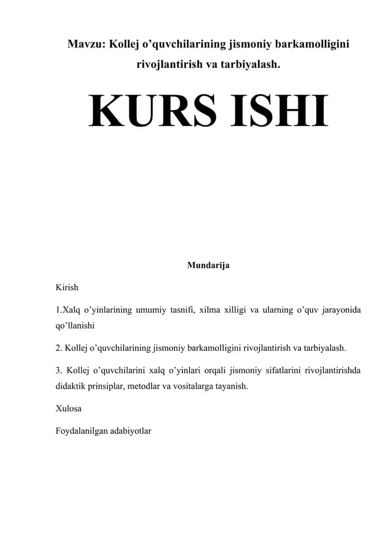 Kollej oʼquvchilarining jismoniy barkamolligini rivojlantirish va tarbiyalash