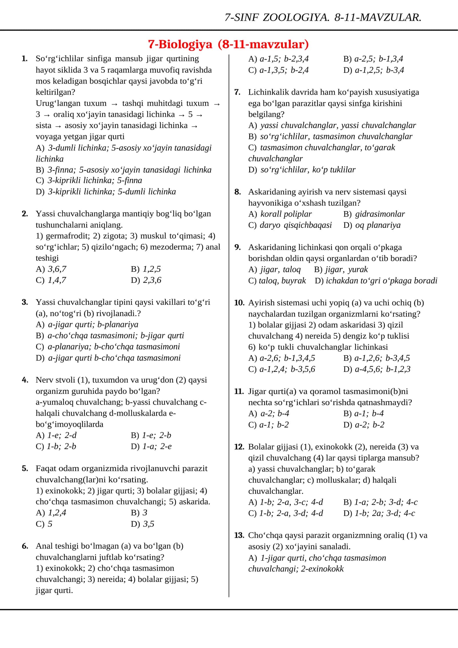 7-SINF ZOOLOGIYA. 8-11-MAVZULAR