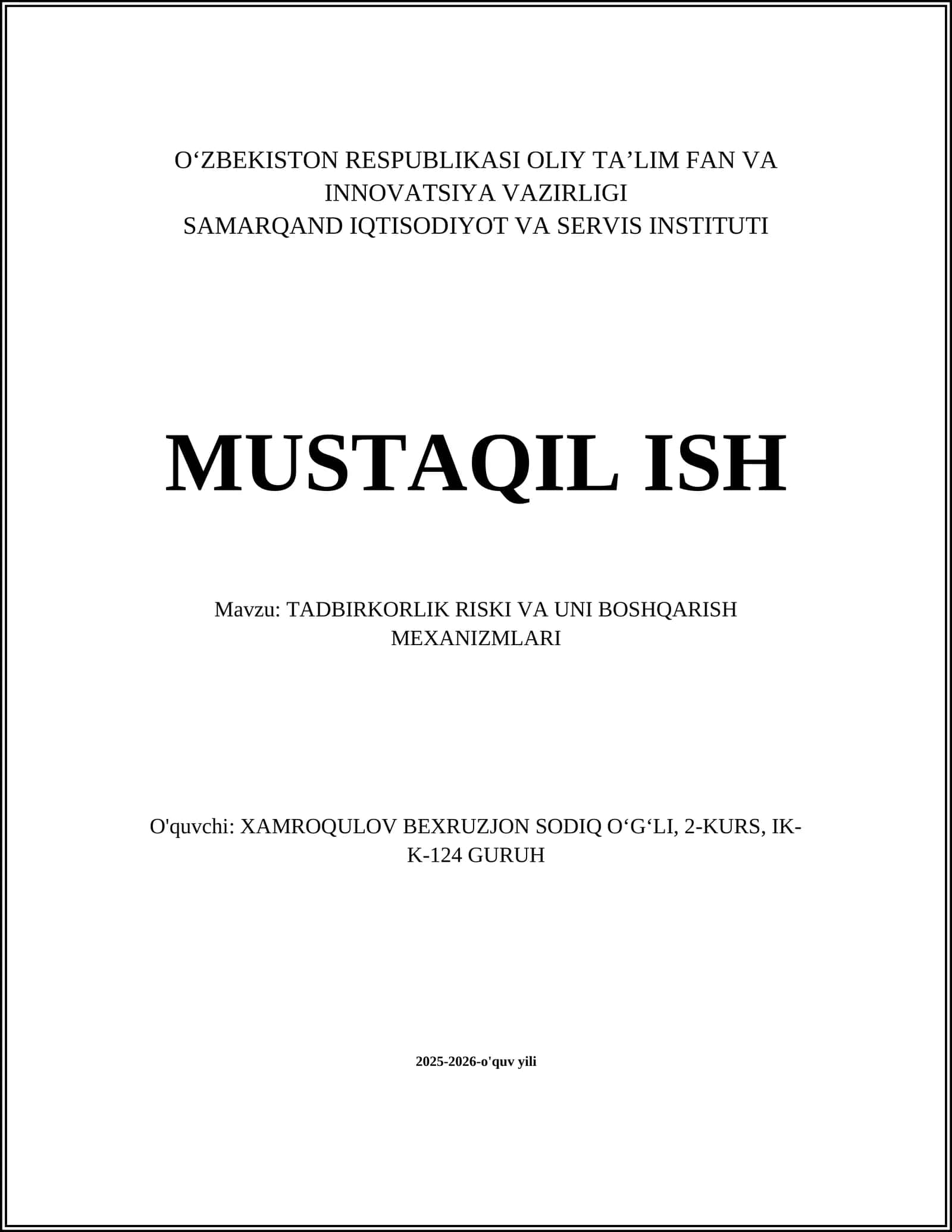 TADBIRKORLIK RISKI VA UNI BOSHQARISH MEXANIZMLARI