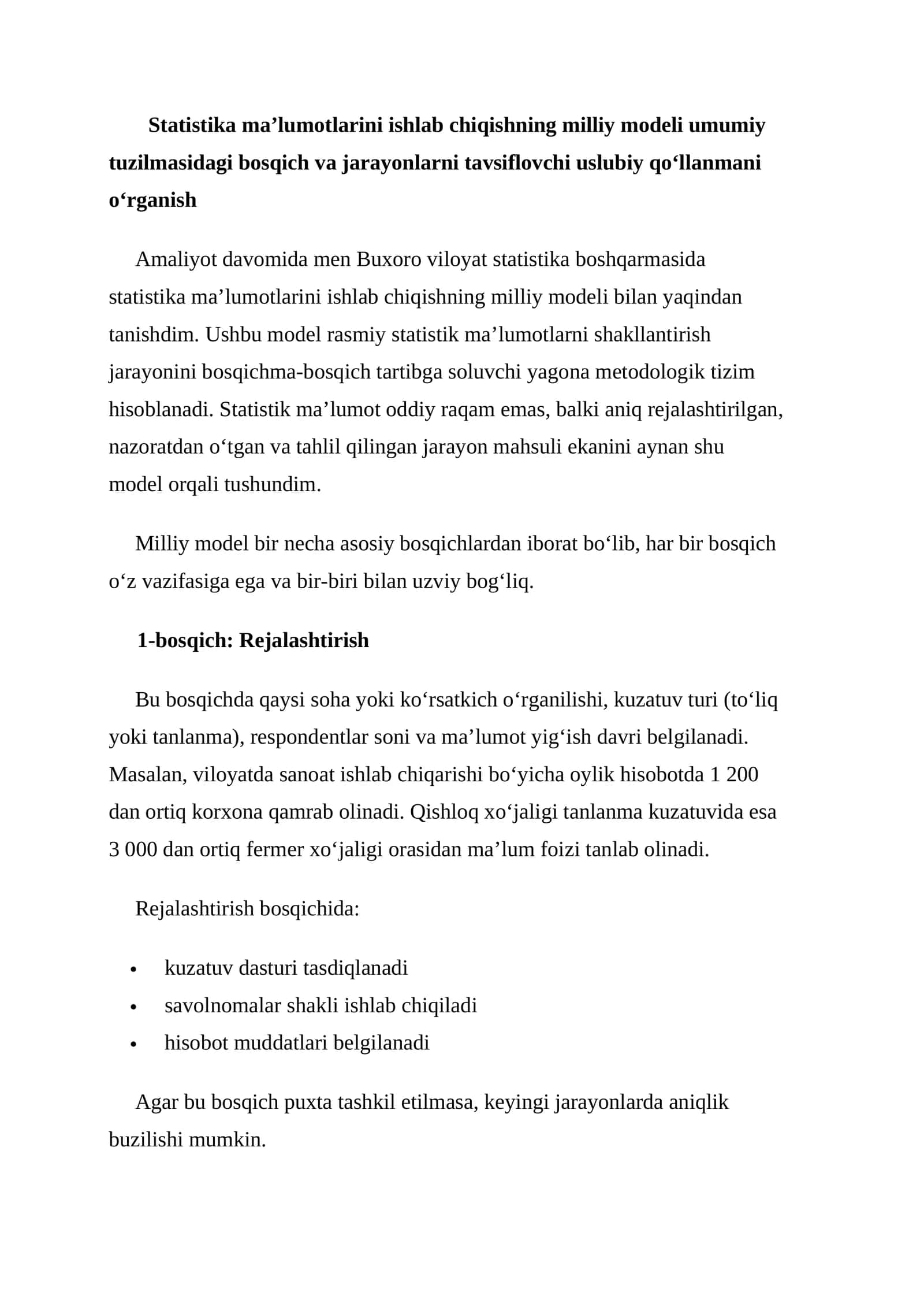 Statistika ma’lumotlarini ishlab chiqishning milliy modeli