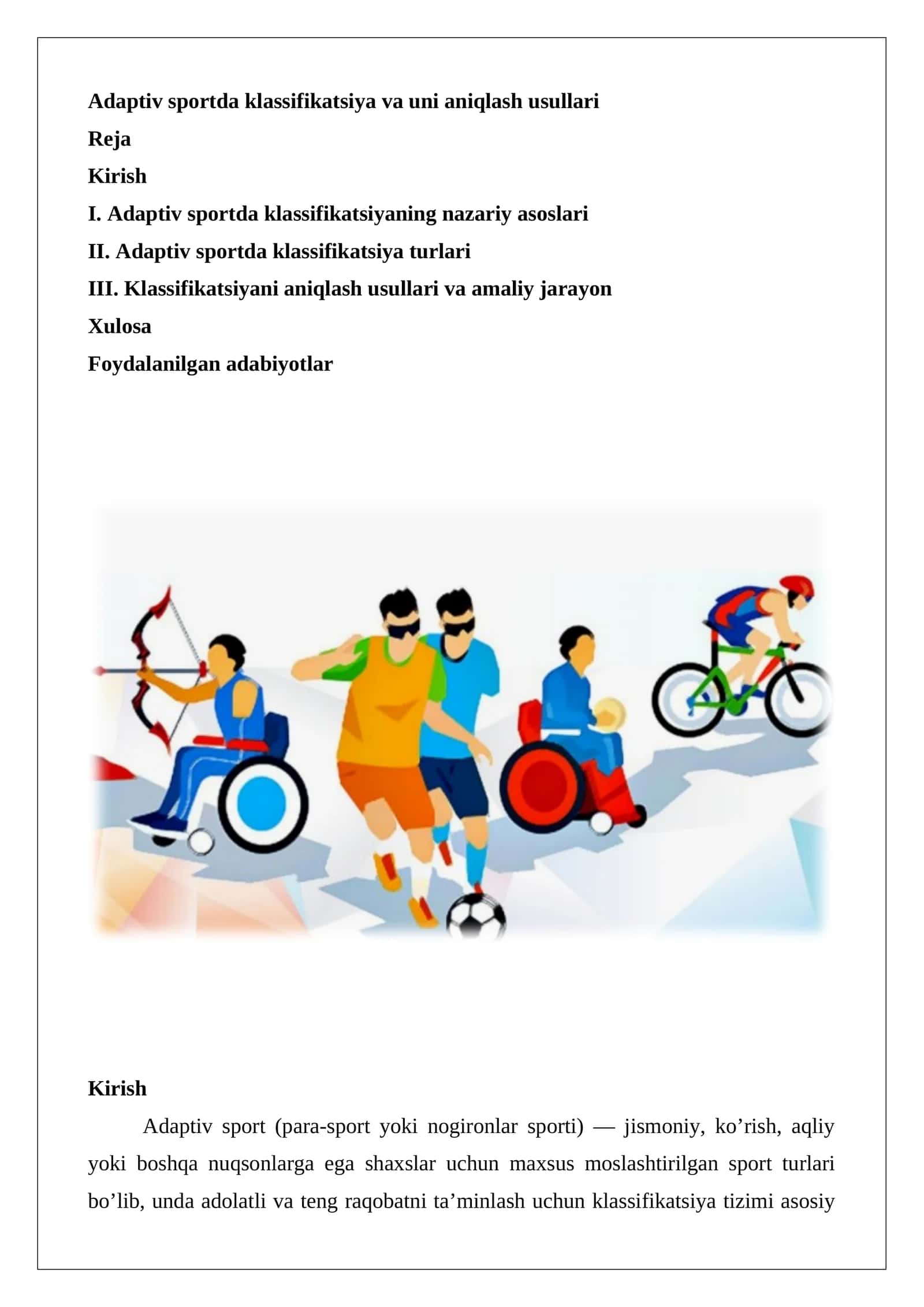 Adaptiv sportda klassifikatsiya va uni aniqlash usullari