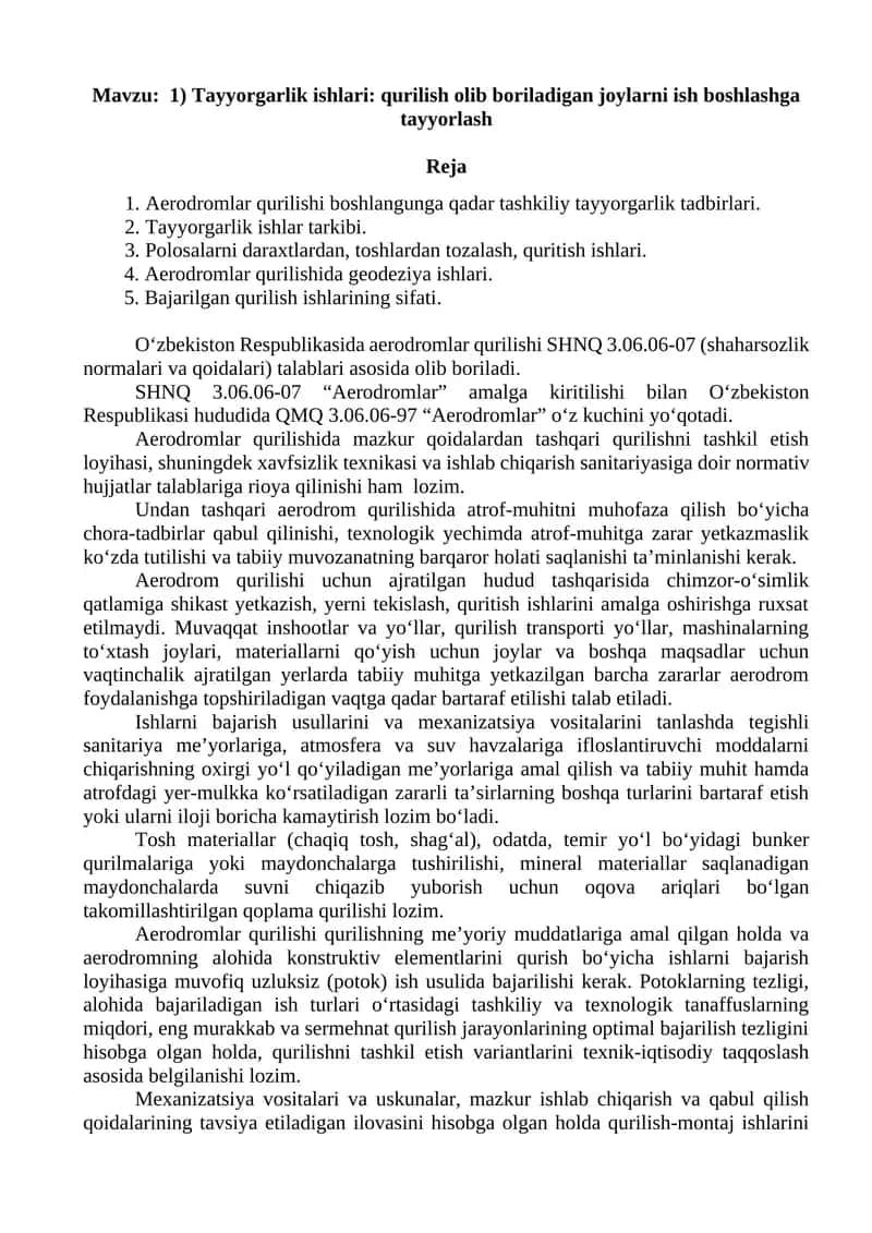 Tayyorgarlik ishlari: qurilish olib boriladigan joylarni ish boshlashga tayyorlash