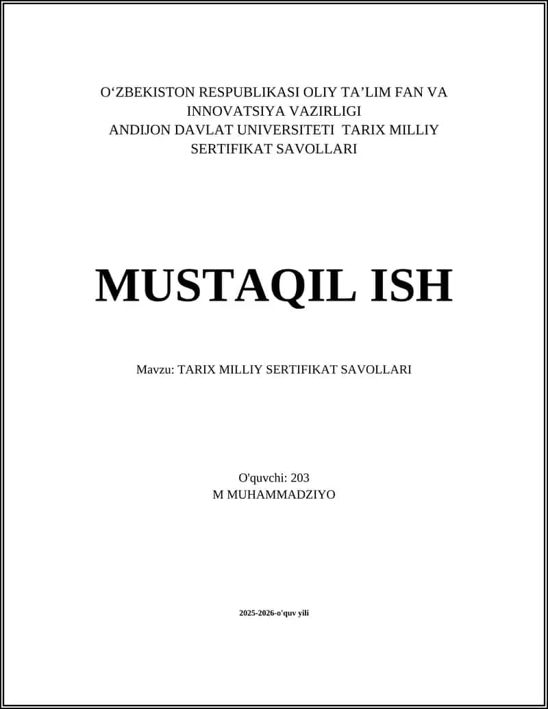 TARIX MILLIY SERTIFIKAT SAVOLLARI