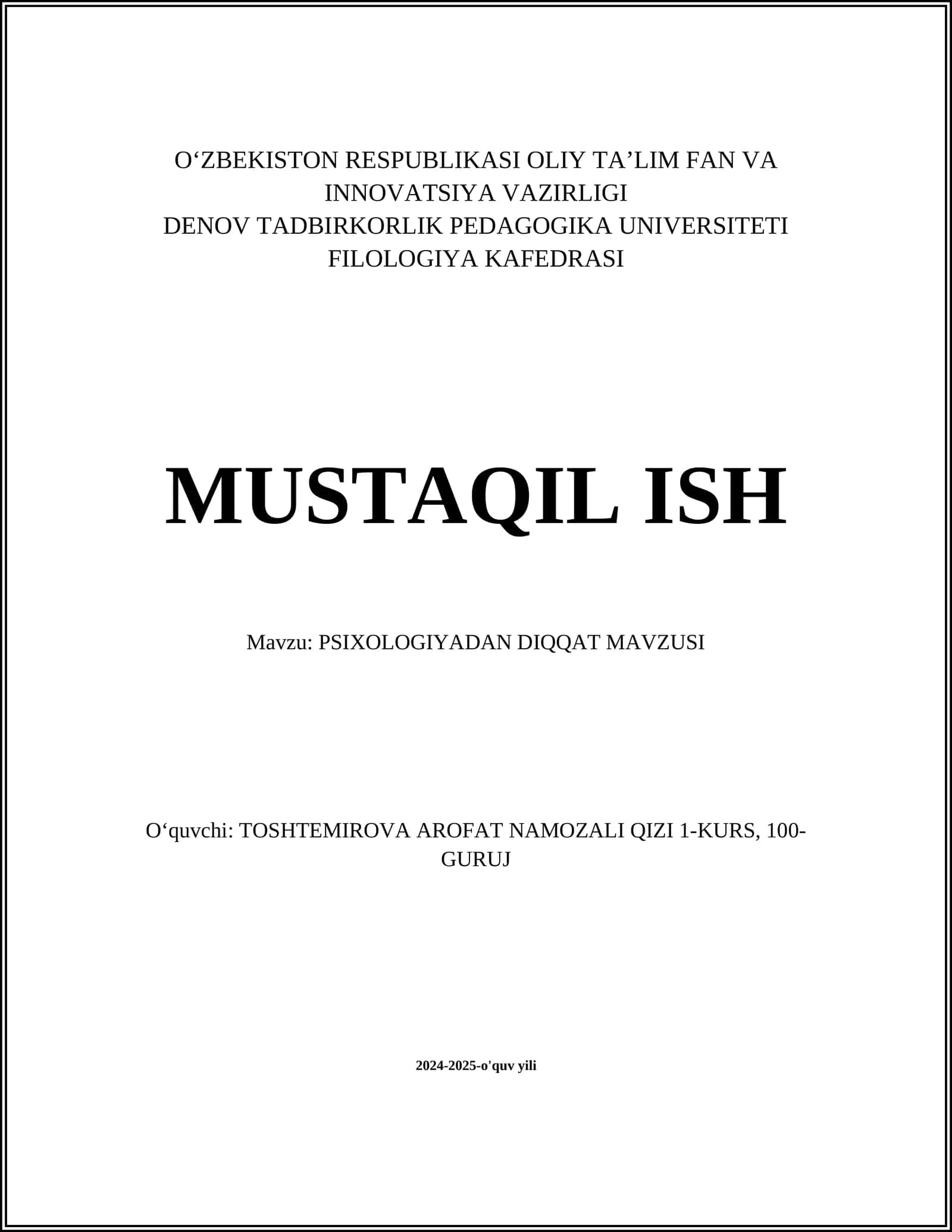 MAVZU: PSIXOLOGIYADAN DIQQAT MAVZUSI