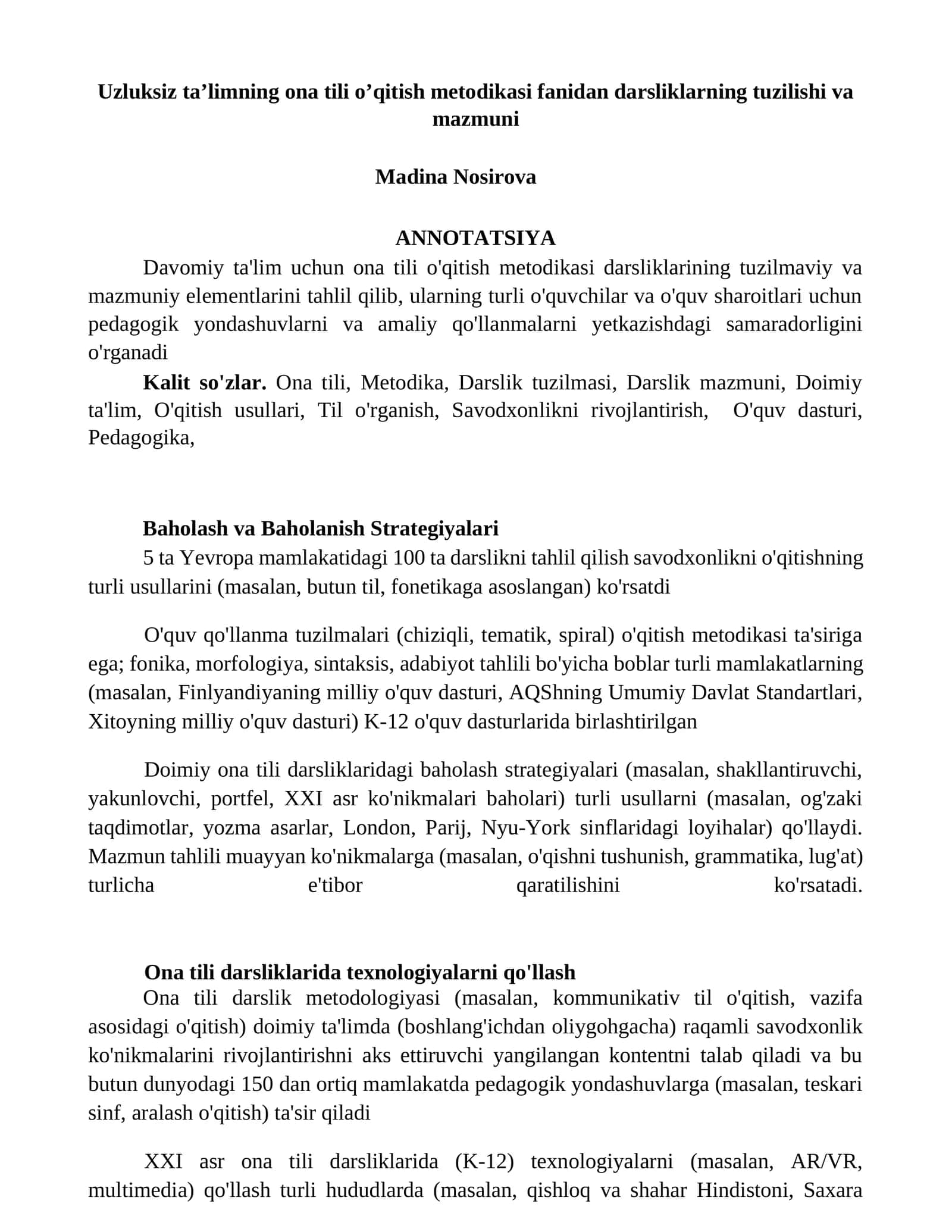 Uzluksiz ta’limning ona tili o’qitish metodikasi fanidan darsliklarning tuzilishi va mazmuni