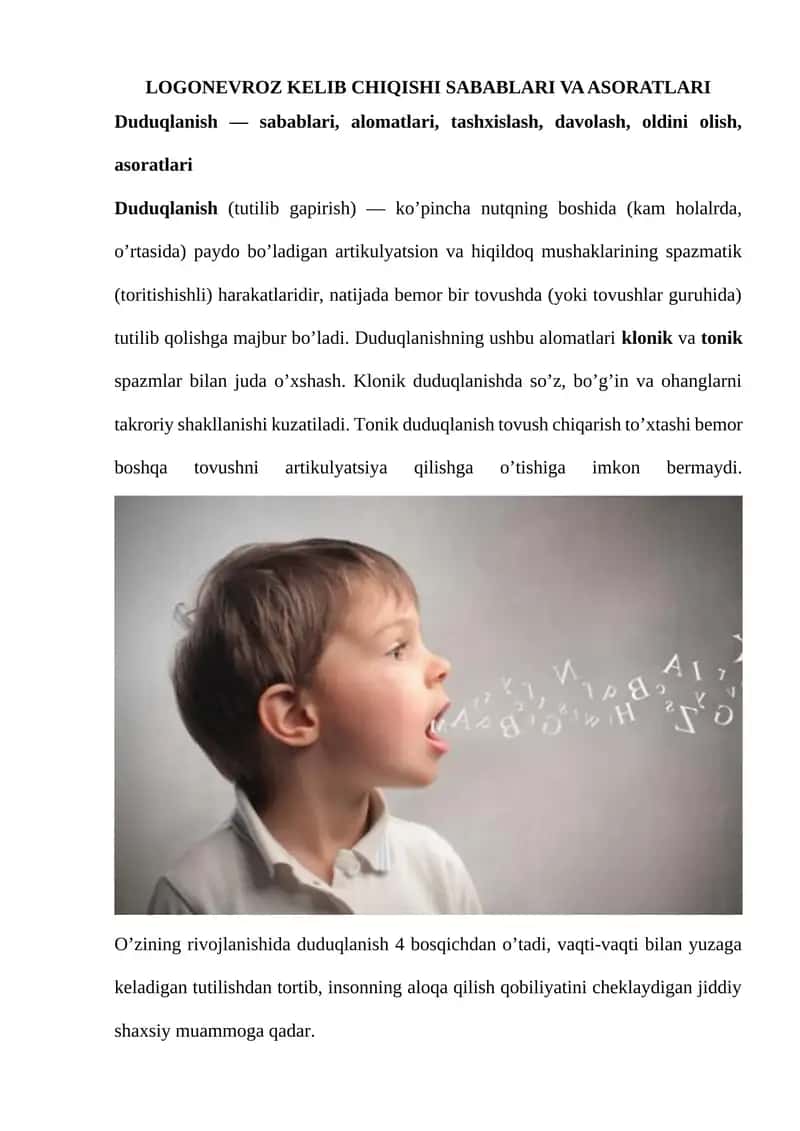LOGONEVROZ KELIB CHIQISHI SABABLARI VA ASORATLARI
