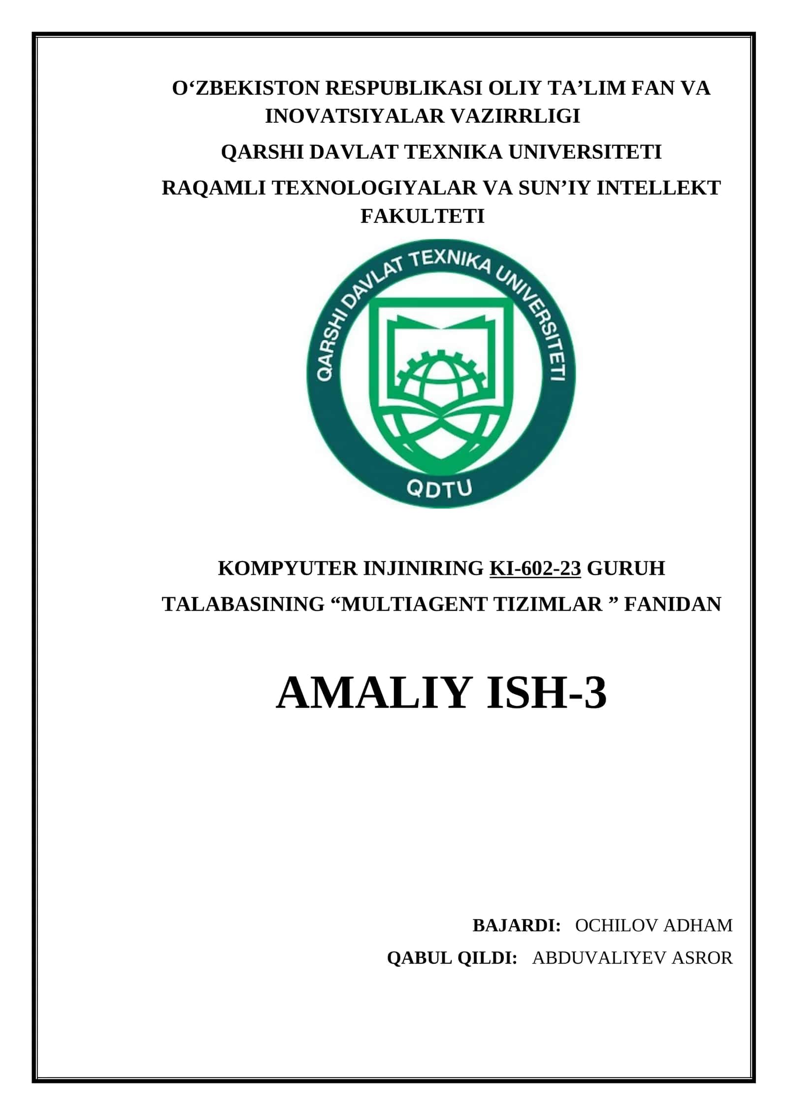 CDPS (Cooperative Distributed Problem Solving) modeli asosida vazifani taqsimlash (ko‘p agentli tizimda muammoni parallel hal qilish). Nash muvozanatini topish (Mahbus dilemmasi asosida). Nash muvozanatini hisoblovchi Phyton kodini yozish.