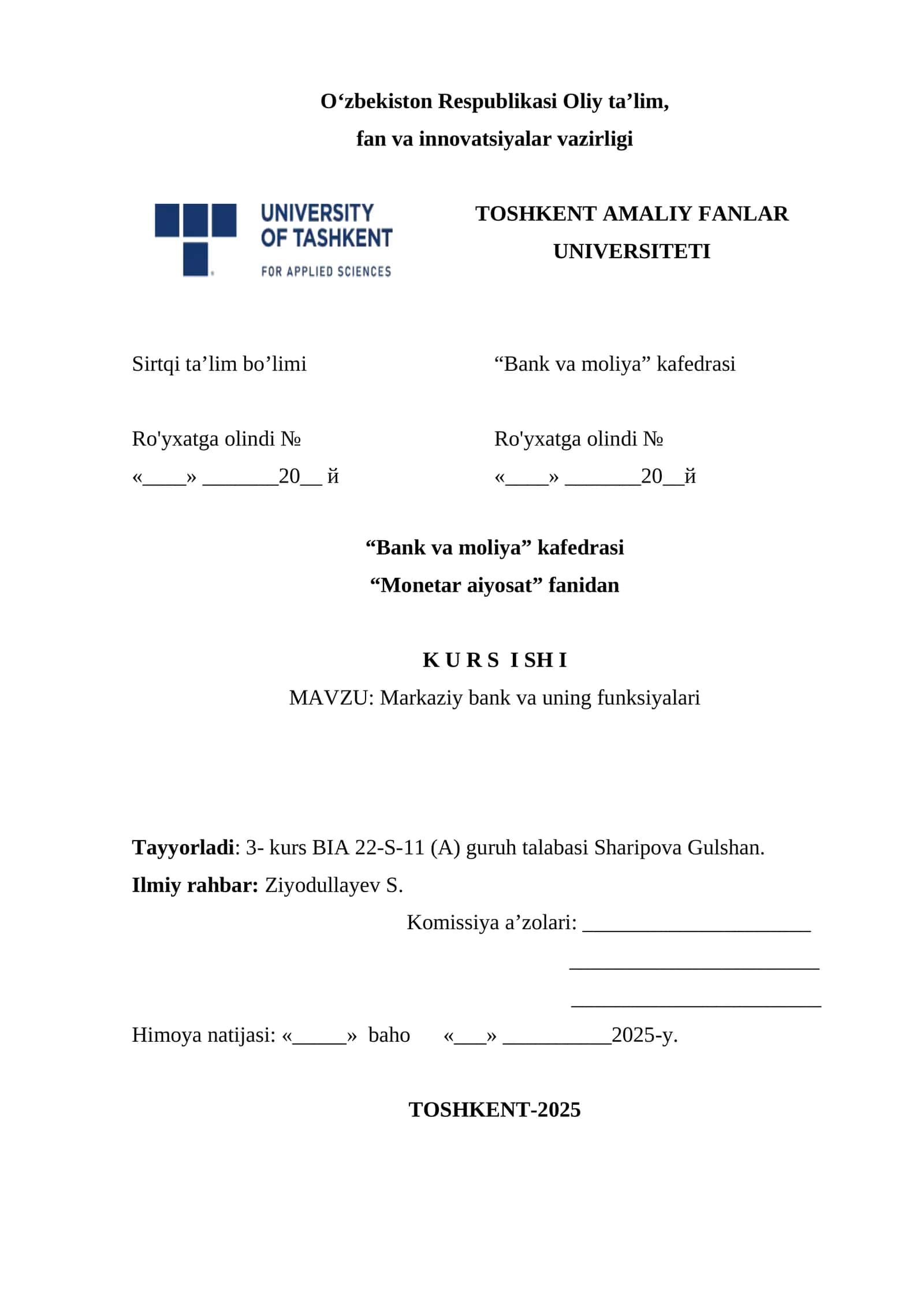 Markaziy bank va uning funksiyalari